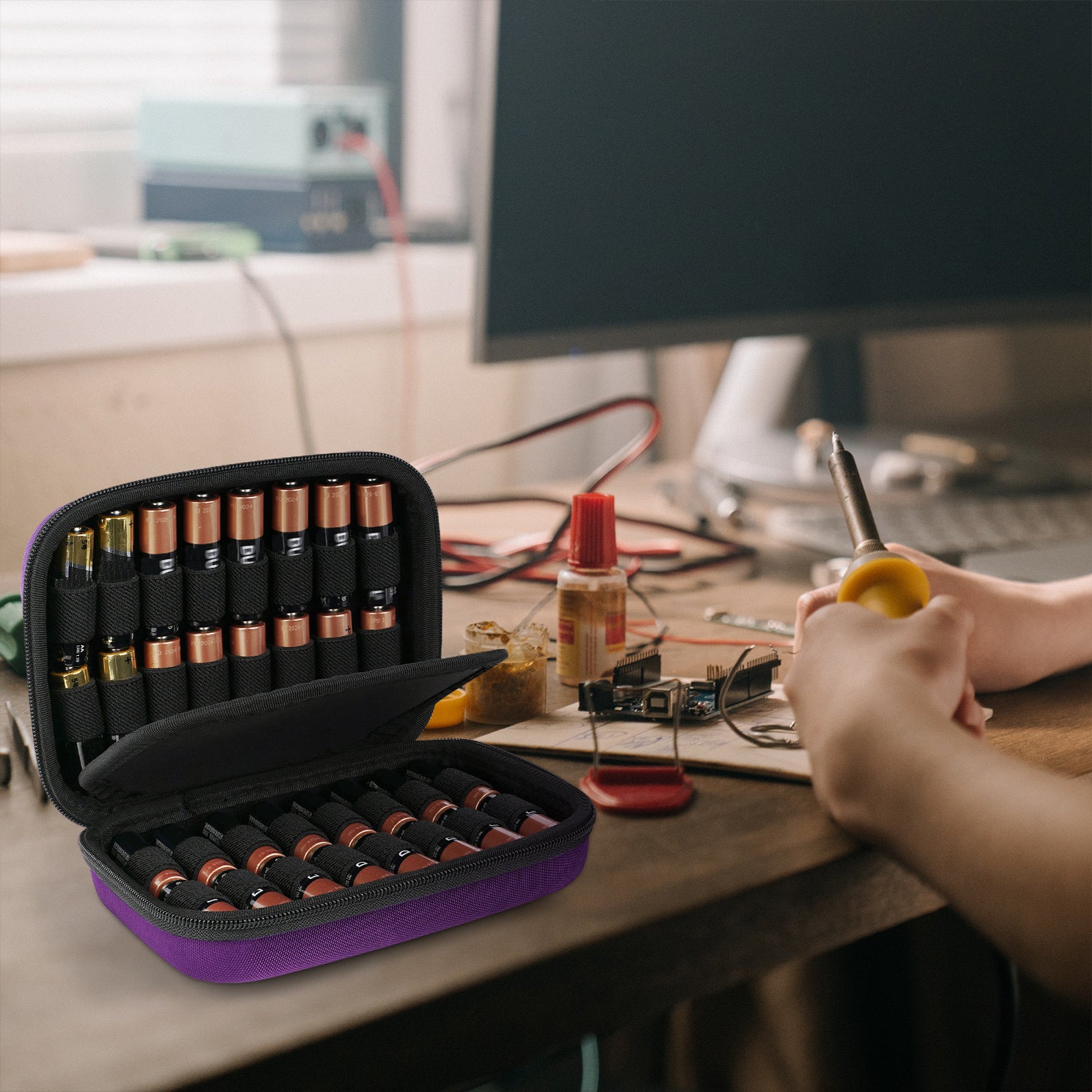 Linkidea Small Hard Case Battery Organizer Storage Box, Portable Holder and Carrying Container for 32 AA AAA Cells, Compact Travel Storage Case (Purple)