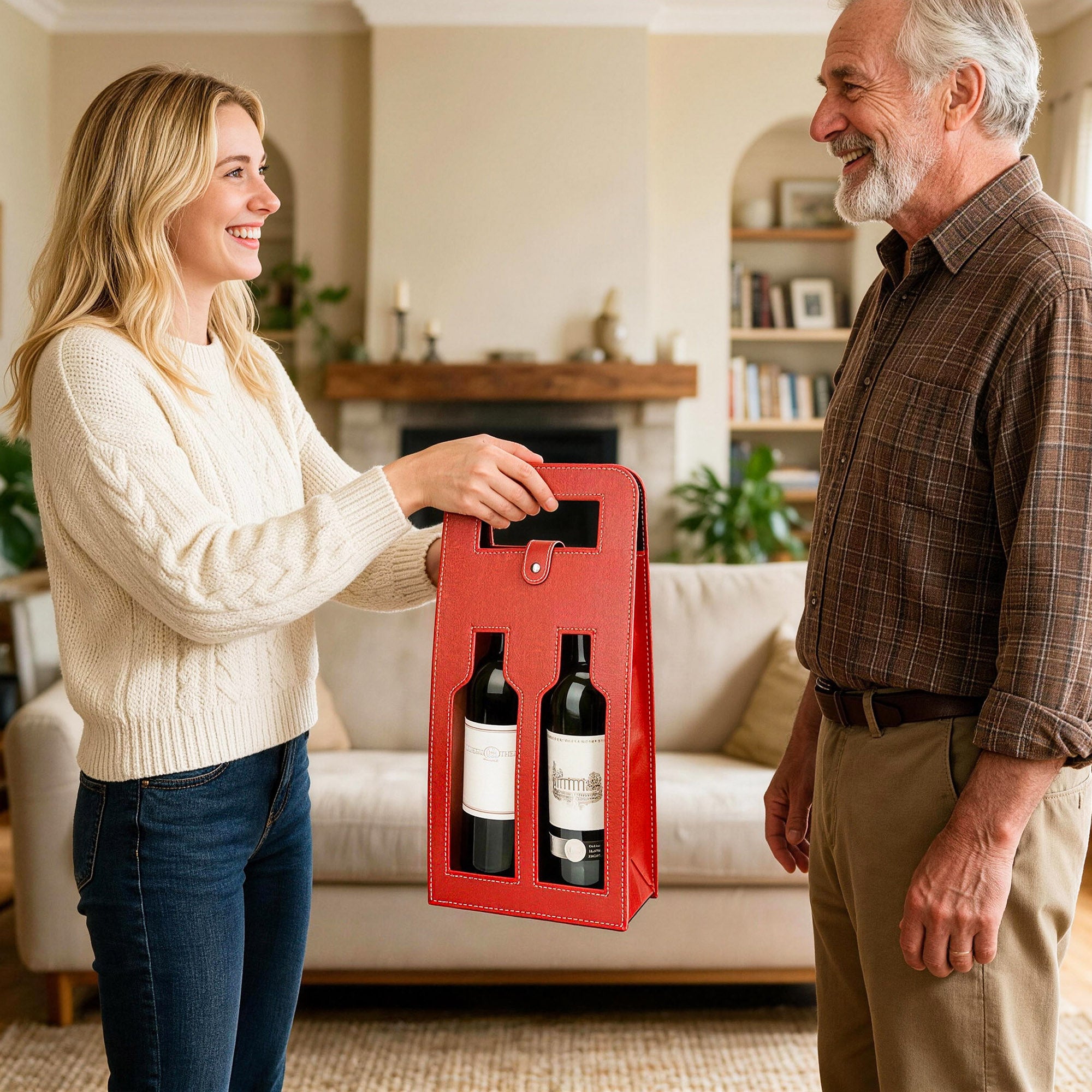Linkidea Luxury Wine Gift Bag 2 Bottles, Leather Tote Carrier with Handle for Gifting/Business/Festive Occasions (Red)