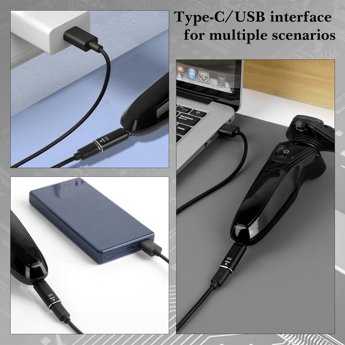 Linkidea 2 Pack 15V USB-C Shaver Charging Adapter Converter, Compatible with Philips Norelco OneBlade HQ8505, QP6520, QP6530, Type-C Replacement Adapter Head Without Cable (Black)
