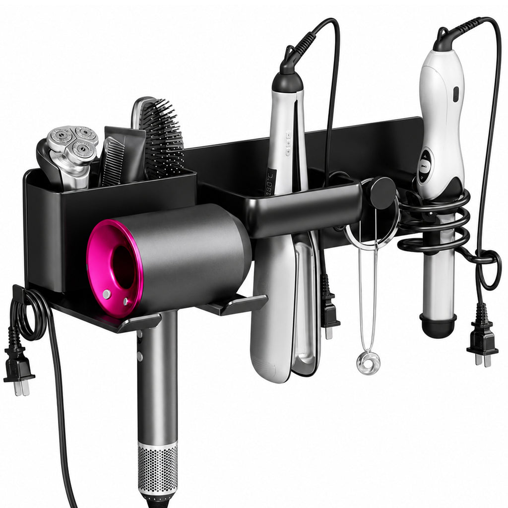 Linkidea Wall Mounted Hair Dryer Holder with Hook, 4-in-1 Aluminum Hair Tool Organizer, Compatible with Dyson Supersonic Origin, Supersonic Nural, Blow Dryer Storage Rack (Black)