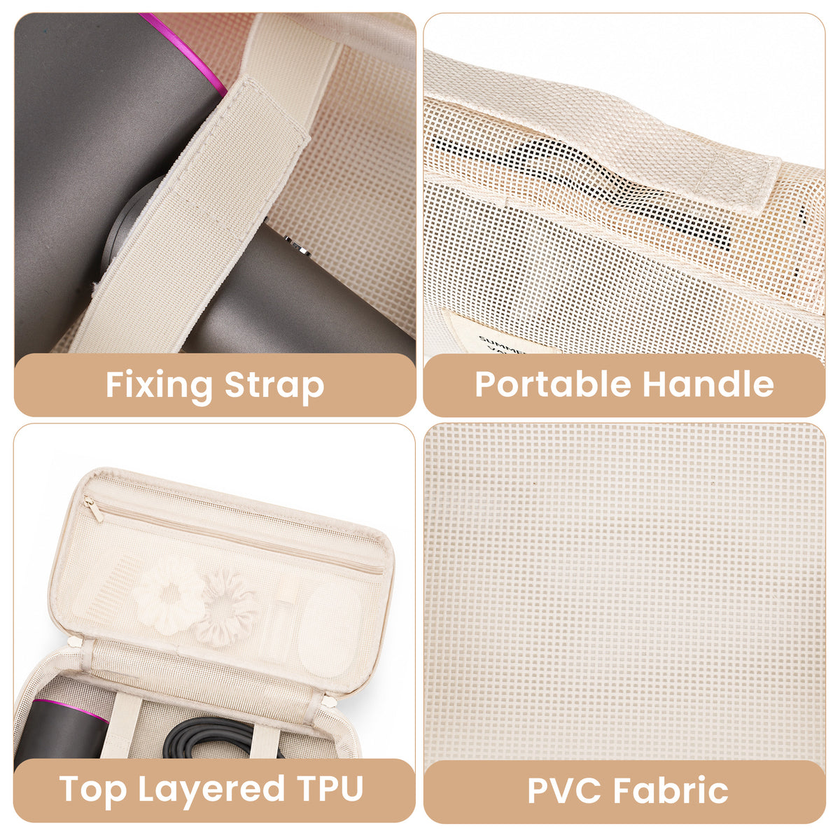 Linkidea Hair Dryer Storage Case, PVC Travel Organizer Bag with Handle, Portable Blow Dryer Holder for Heat Styling Tools, Flat Iron, Curling Wand, Cords and Hair Accessories (Beige)
