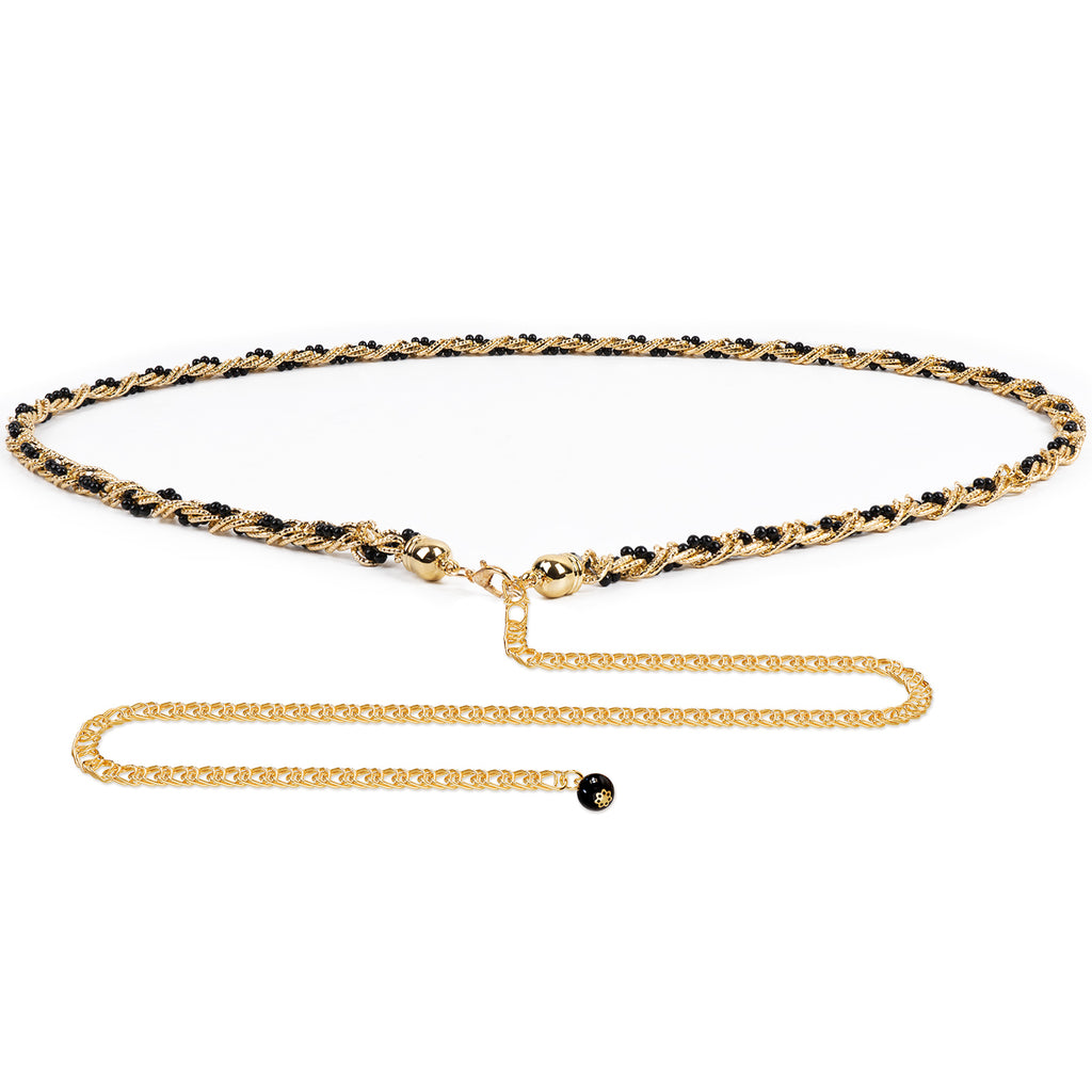 Plus Size Chain Belt for Women, Gold and Black Faux Pearl Waist Belt, 59 Inch Adjustable Extra Long Body Chain for Dresses, Party, Casual Wear, Fashion Jewelry Accessory