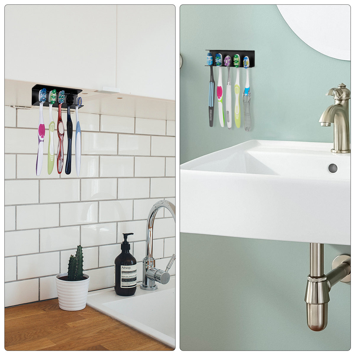 Linkidea Wall Mount Toothbrush Holder for Bathroom, Space Saving Organizer for RV, Cabinet, Stainless Steel 5 Slots Hanger Compatible with Colgate ExtraClean, Oral-B CrossAction(Black)