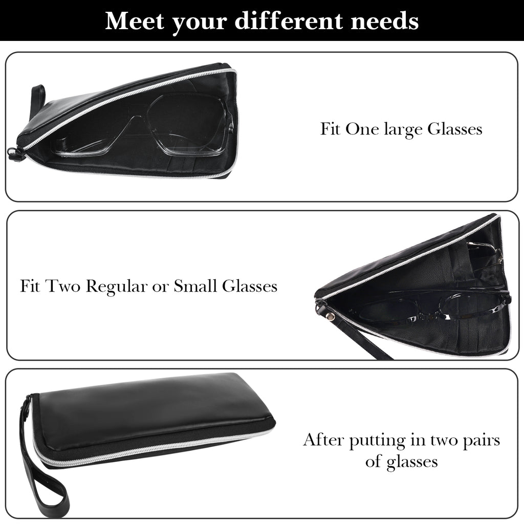 Large Sunglasses Pouch Case, Black Vegan Leather Eyewear Organizer Soft Bag Compatible with CELINE CL40227U Versace VE4395 Gucci GG0595S GG0875S