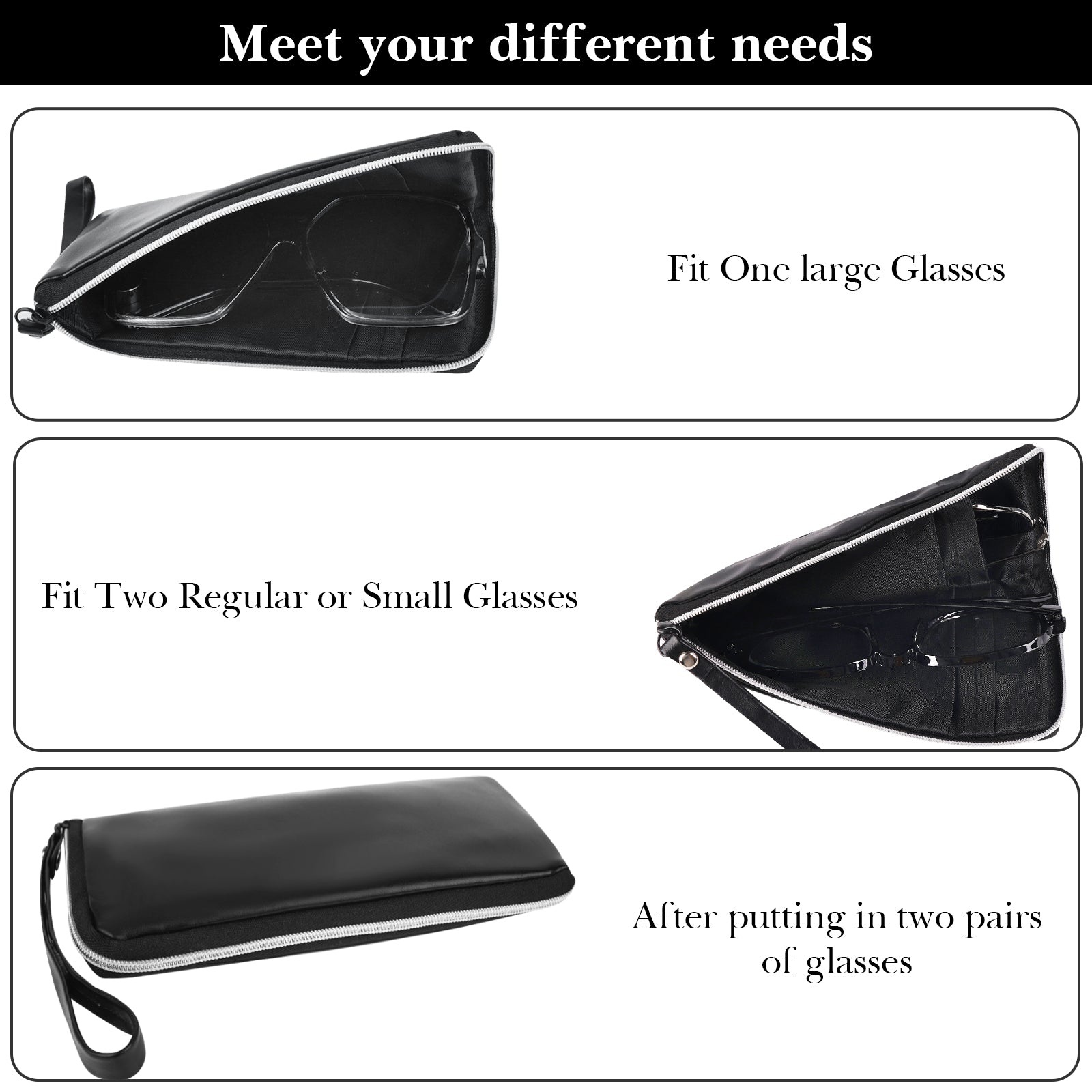 Large Sunglasses Pouch Case, Black Vegan Leather Eyewear Organizer Soft Bag Compatible with CELINE CL40227U Versace VE4395 Gucci GG0595S GG0875S