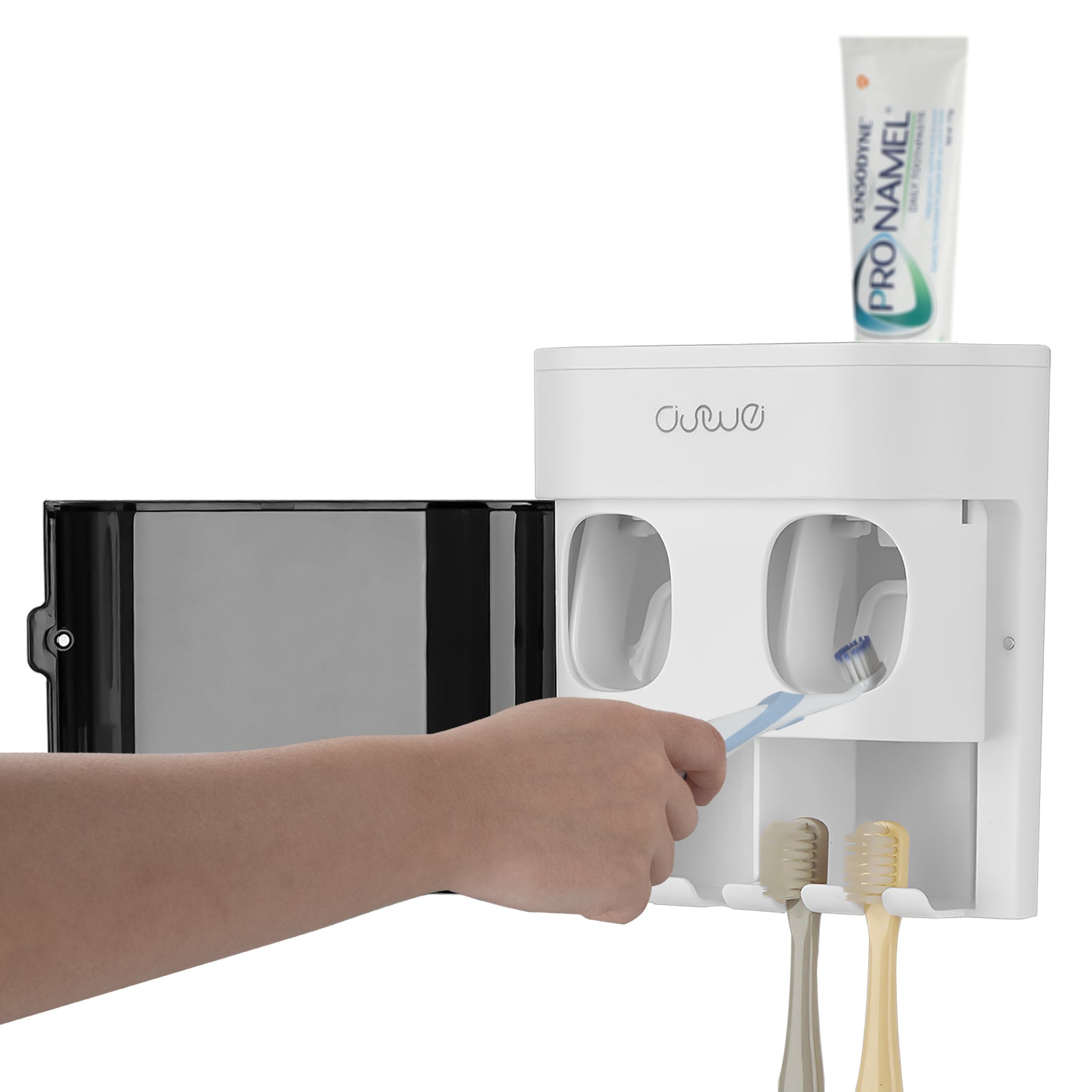 Linkidea Toothbrush Holder with 2 Toothpaste Squeezers, 4 Slot Tooth Brush Hanger, Wall Mount Toothpaste Dispenser for Shower Bathroom, Compatible with Oral-B CrossAction, Colgate Extra Clean