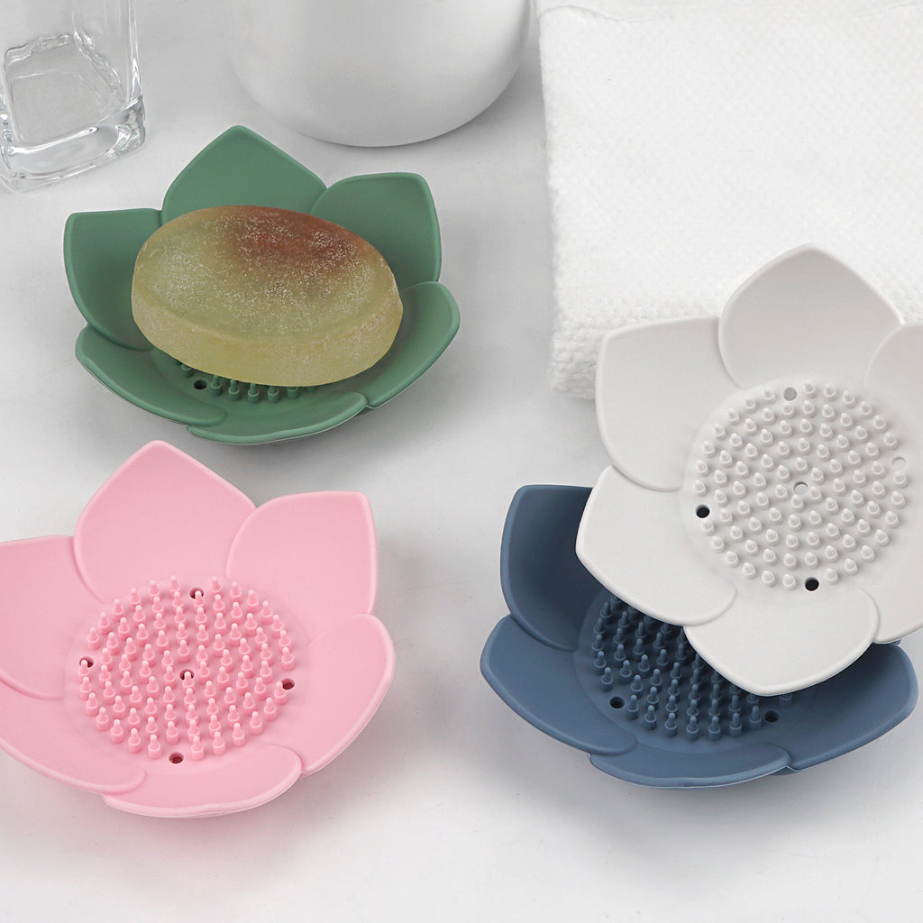 Linkidea 4 Pack Soap Dish with Drain, Silicone Bar Soap Holder for Bathroom, Flower Shape Soap Tray for Kitchen Sink