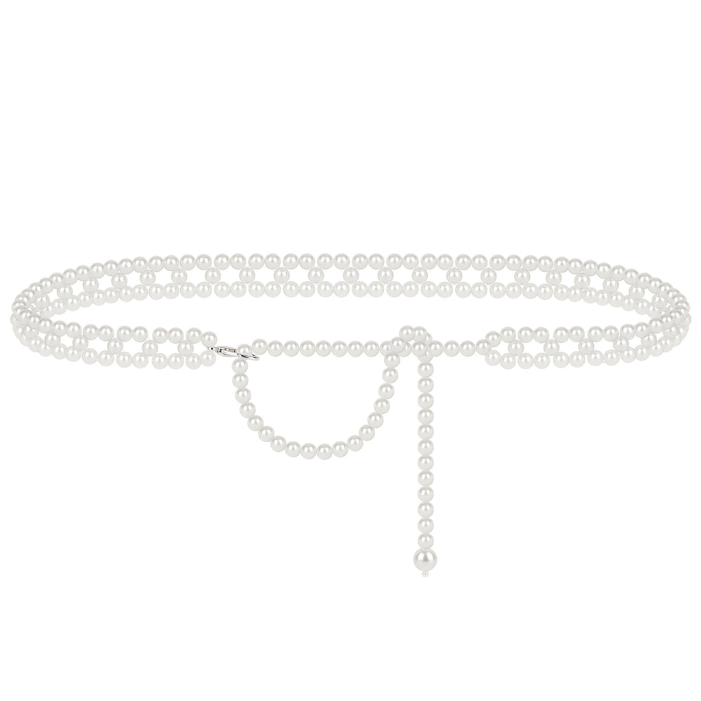 Plus Size Chain Belt for Women, White Pearl Fashion Belly Waist Chains, Stretchable Extra Long Body Chain, 51 Inch Adjustable Chunky Body Accessory (XL, White)