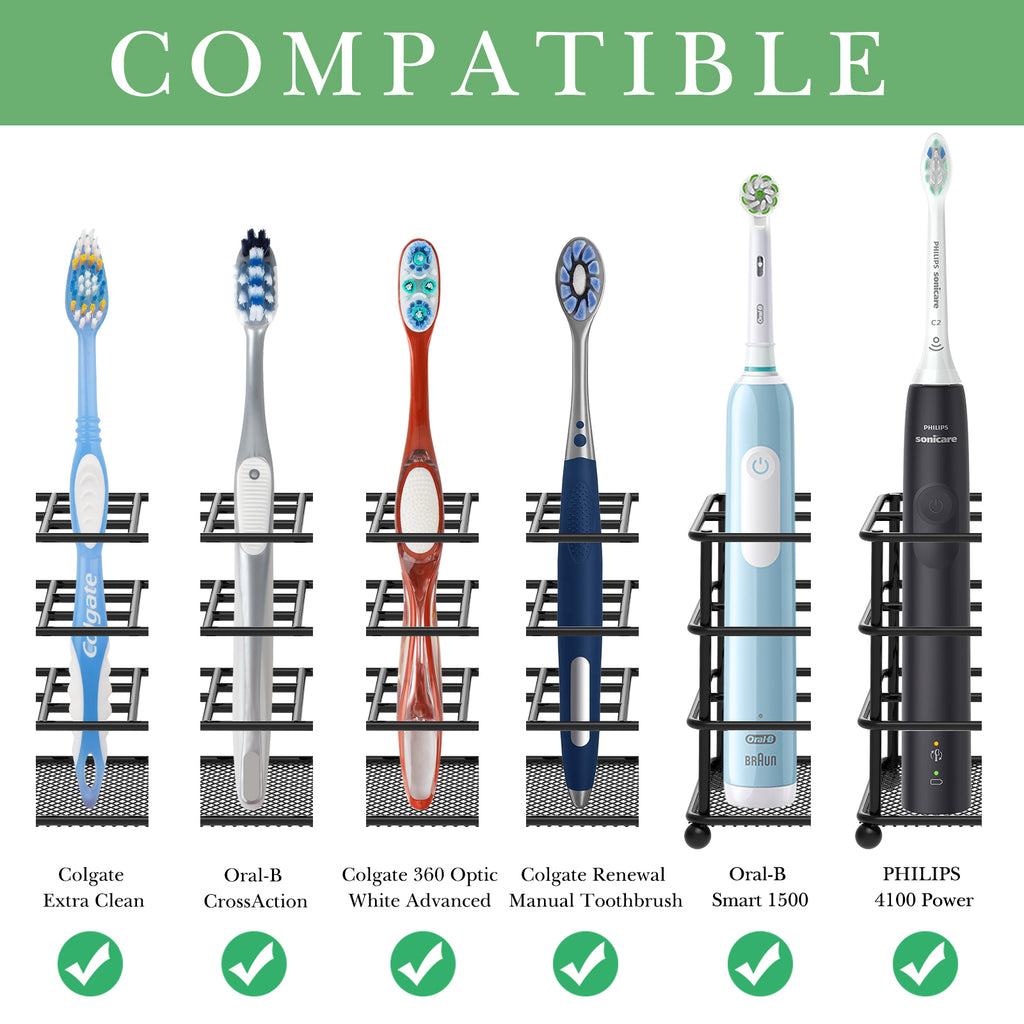Linkidea Ventilated Toothbrush Holder Wall Mounted, Non-Slip Electric Toothbrush Holder Toothpaste Storage Organizer, 7 Slots Multifunctional Rack for Razor, Shaver, Comb (Black)