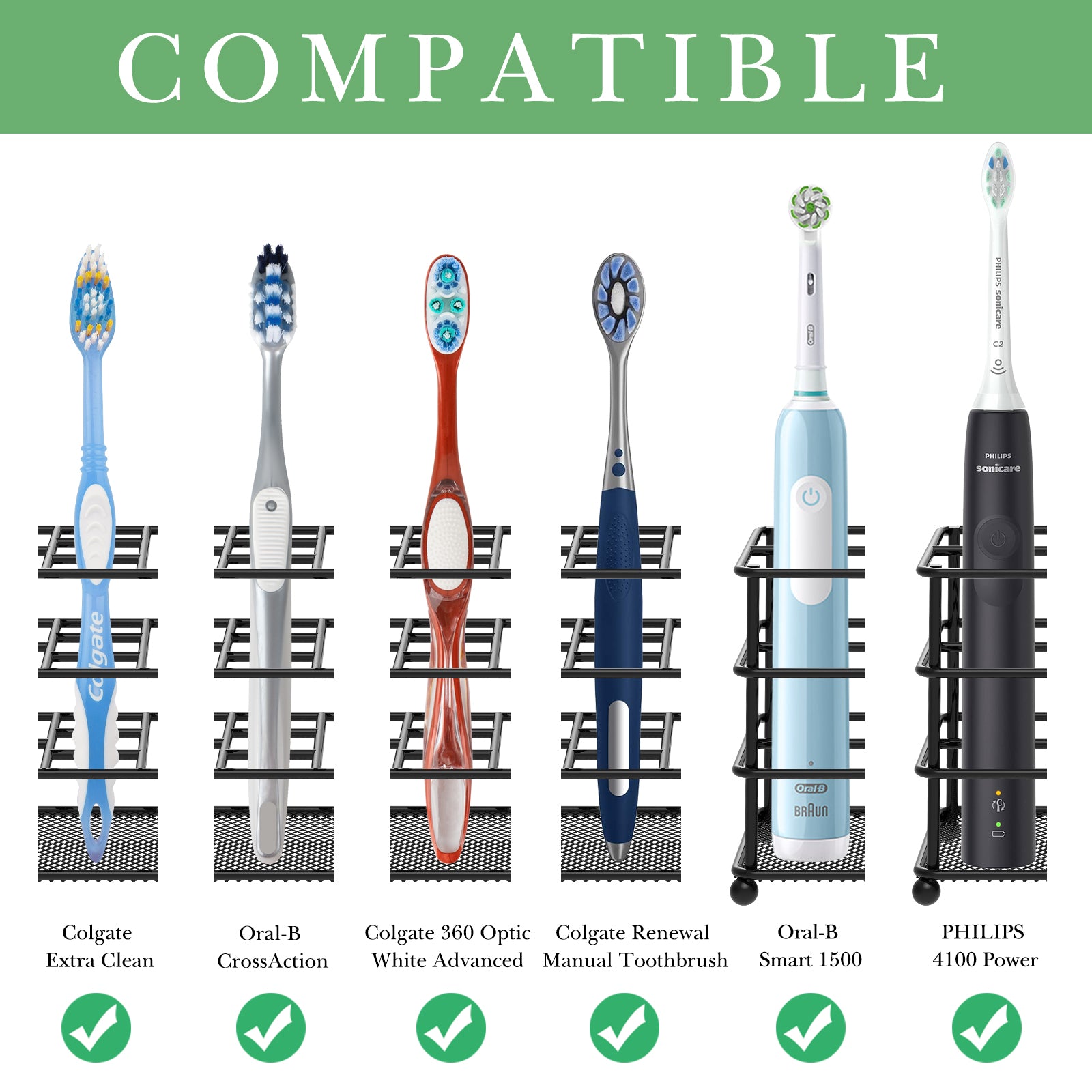 Linkidea Ventilated Toothbrush Holder Wall Mounted, Non-Slip Electric Toothbrush Holder Toothpaste Storage Organizer, 7 Slots Multifunctional Rack for Razor, Shaver, Comb (Black)