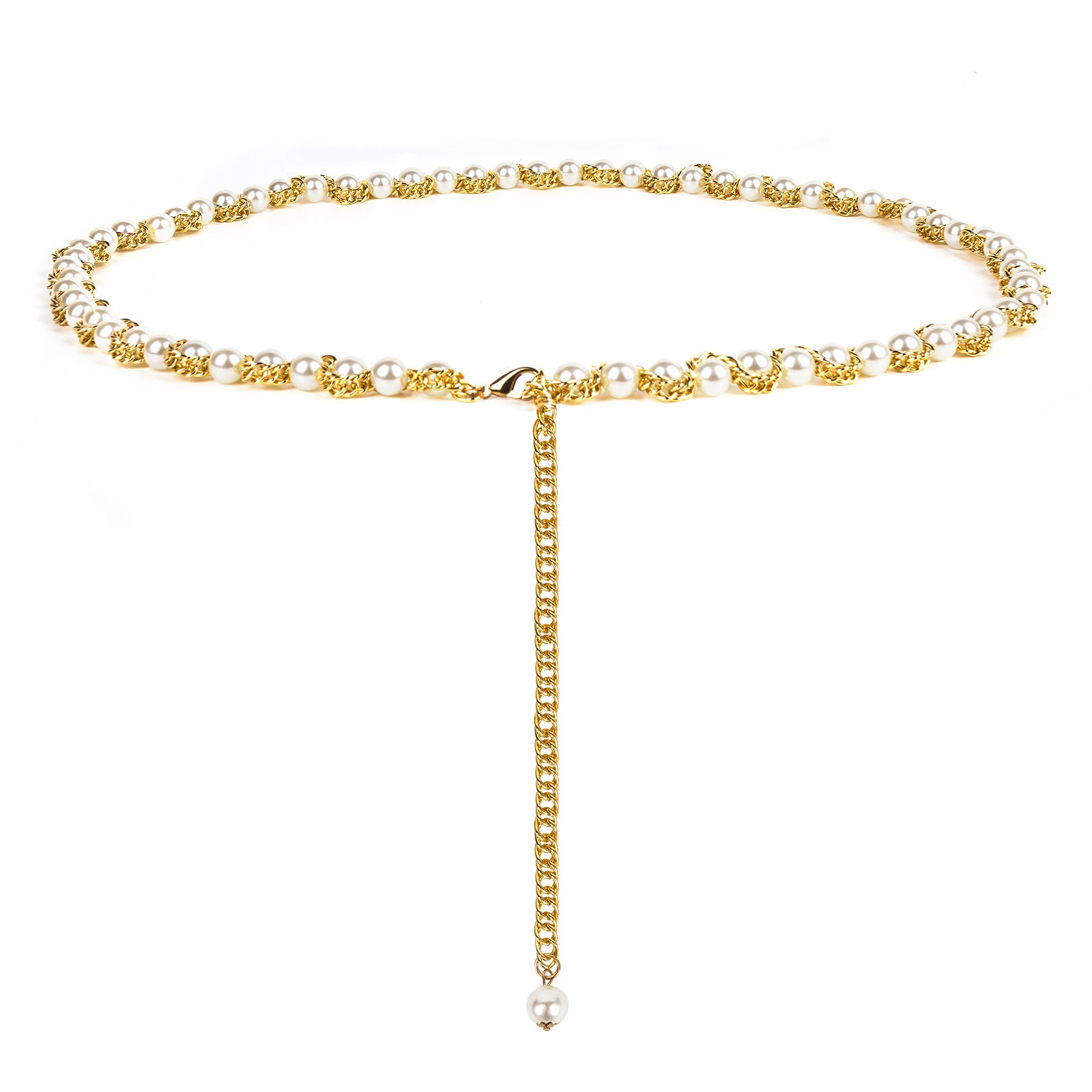 Plus Size Chain Belt for Women, Gold Color and White Faux Pearl Waist Chains, Extra Long Body Chain, 39-59 Inch Adjustable Chunky Belt Chain