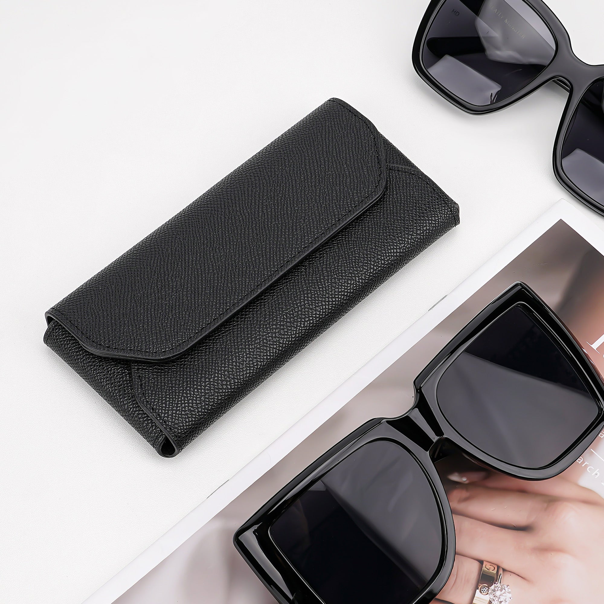 Extra Large Sunglasses Pouch Case, Vegan Leather Sun Glasses Organizer Soft Bag Compatible with Gucci GG0595S GG0875S GG0351S GG1087S RayBan RB4840S RB2132 RB3707 (XL, Black)