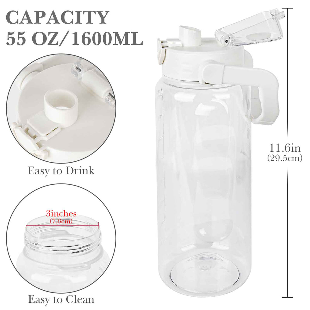 Linkidea 55oz Tritan Water Bottle with Strap & Handle, Reusable Sports Waterbottle with Time Marker, Portable Large Water Bottles for Gym Fitness Outdoor, Shoulder Strap (White & Clear)