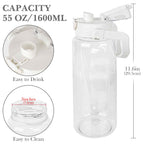 Linkidea 55oz Tritan Water Bottle with Strap & Handle, Reusable Sports Waterbottle with Time Marker, Portable Large Water Bottles for Gym Fitness Outdoor, Shoulder Strap (White & Clear)