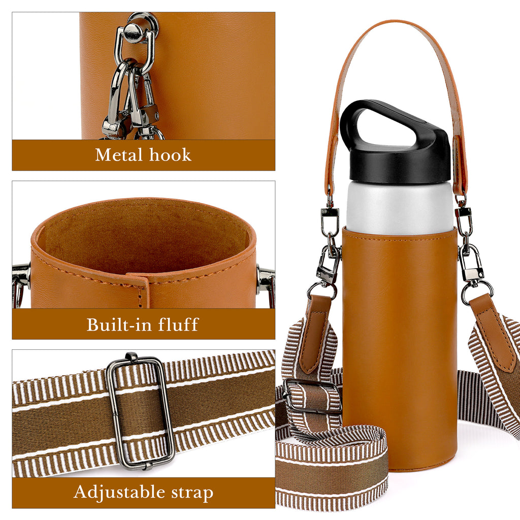 Linkidea Vegan Leather Water Bottle Carrier with Strap Compatible with CamelBak Carry Cap, Waterbottle Sling Bag Holder with Adjustable Shoulder Strap, Brown