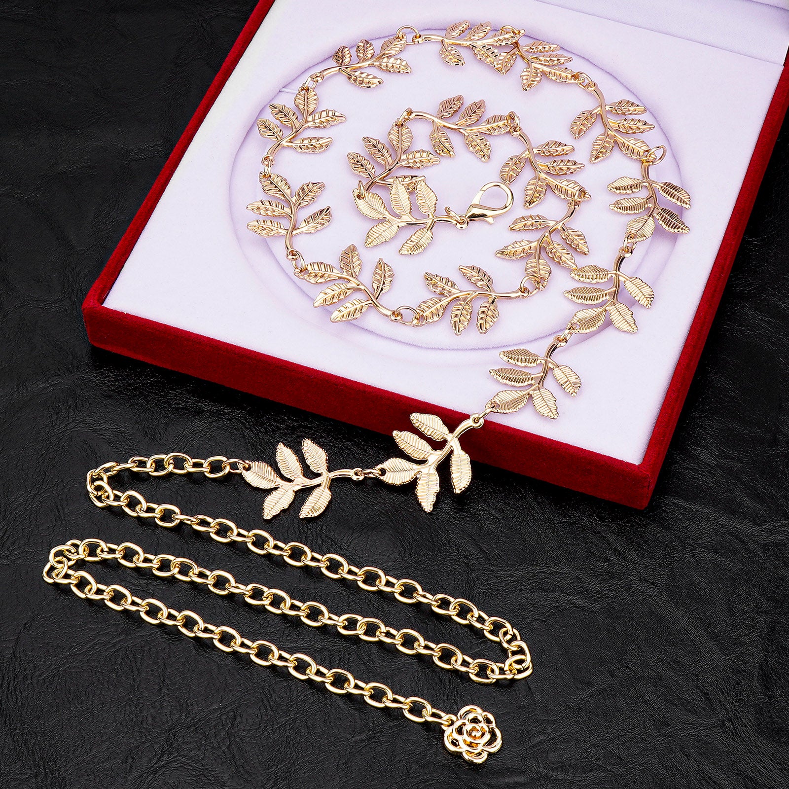 Plus Size Chain Belt for Women, Golden Leaf Style Metal Chain Belt Women Belly Waist Chains, Extra Long Body Chain, Max 51.2 Inch Adjustable Chunky Belt Chain