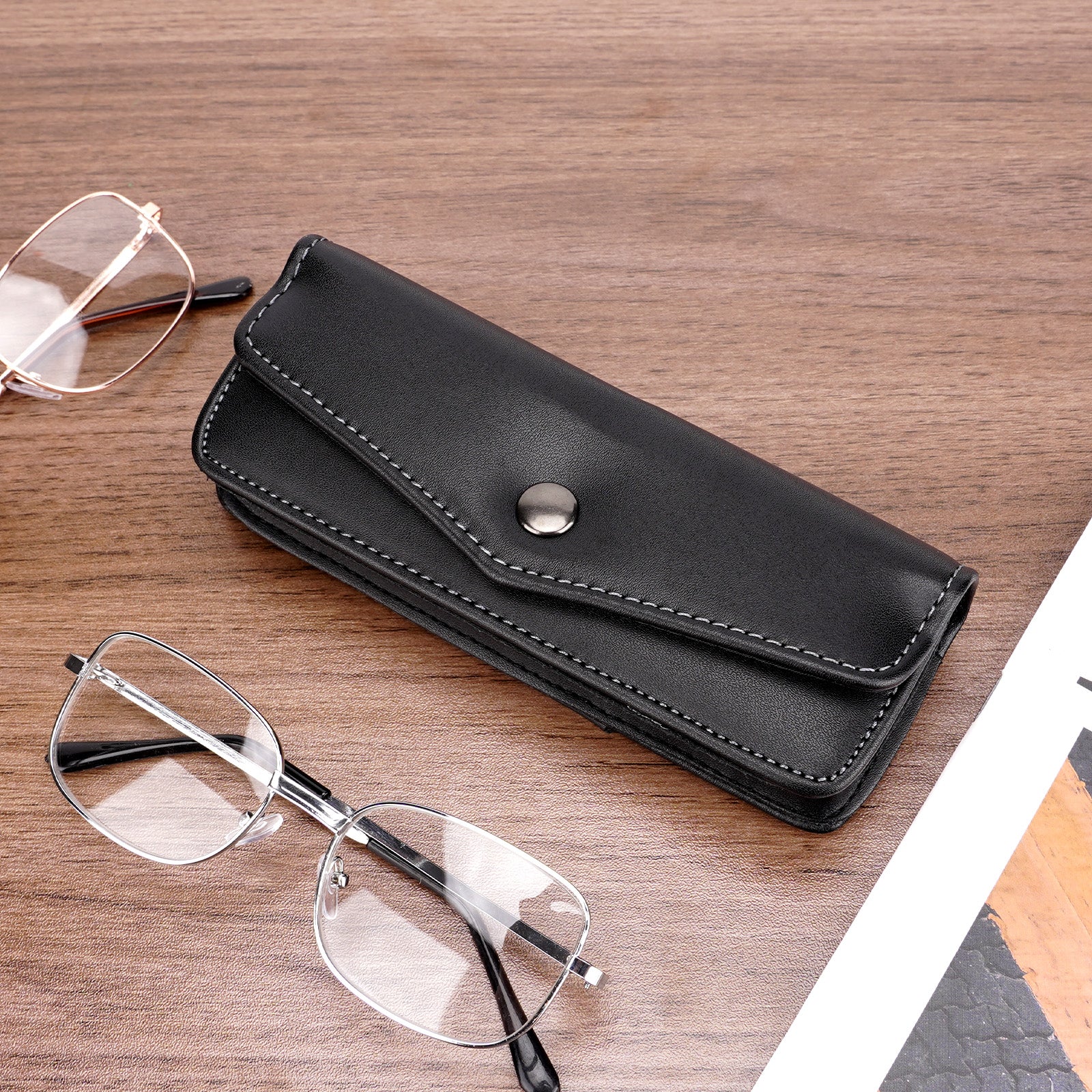 Hard Shell Eyeglasses Case, Black Vegan Leather Portable Eyewear Storage Bag Compatible with Reading Nearsighted Glasses, Can Wear a Belt