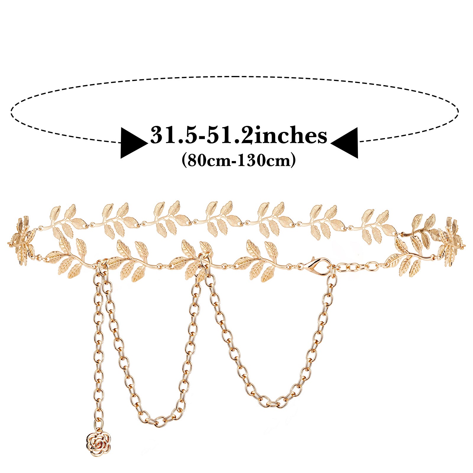 Plus Size Chain Belt for Women, Golden Leaf Style Metal Chain Belt Women Belly Waist Chains, Extra Long Body Chain, Max 51.2 Inch Adjustable Chunky Belt Chain