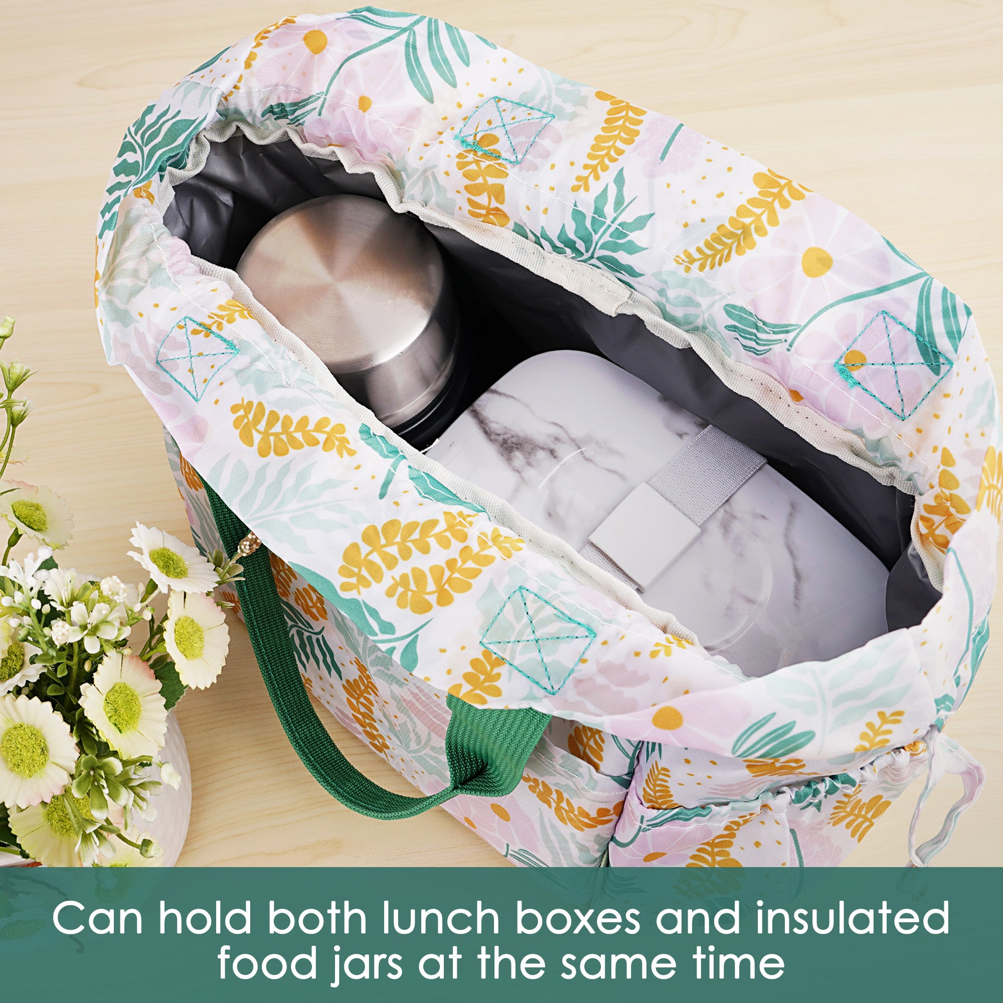 Linkidea Lunch Tote Drawstring Bag, Large Capacity Lunch Bag with Hand Strap, Lunch Box Organizer for Everyday Outings, Insulated Lunch Bag Fits Box and Food Jar Storage