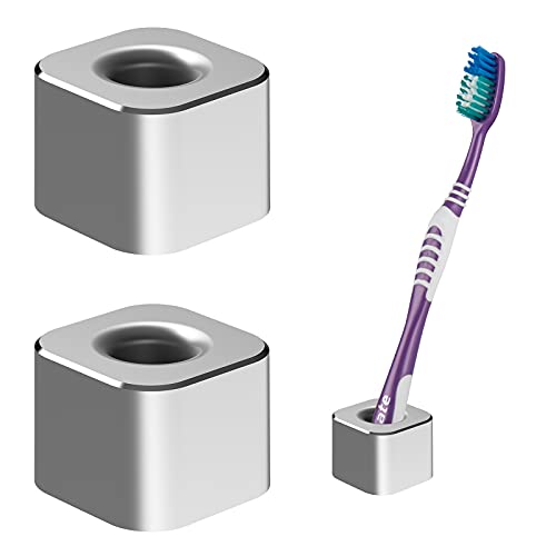 Linkidea 2 Pack Mini Manual Toothbrush Holder for Bathroom, Vanity Countertop Single Brush Stand, Aluminum Rustproof Razor Organizer (Silver)