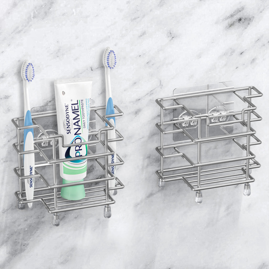 Linkidea 2 Pack Toothbrush Holders Wall Mounted, 3 Slots Bathroom Shower Organizer Stand, Stainless Steel Ventilated Countertop Rack for Toothpaste (Brushed Nickel)