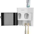 Linkidea Toothbrush Holder with 2 Toothpaste Squeezer, 4 Slot Plastic Brush Hanger for Shower Bathroom, Wall Mount Dispenser Compatible with Oral-B CrossAction, Colgate Extra Clean