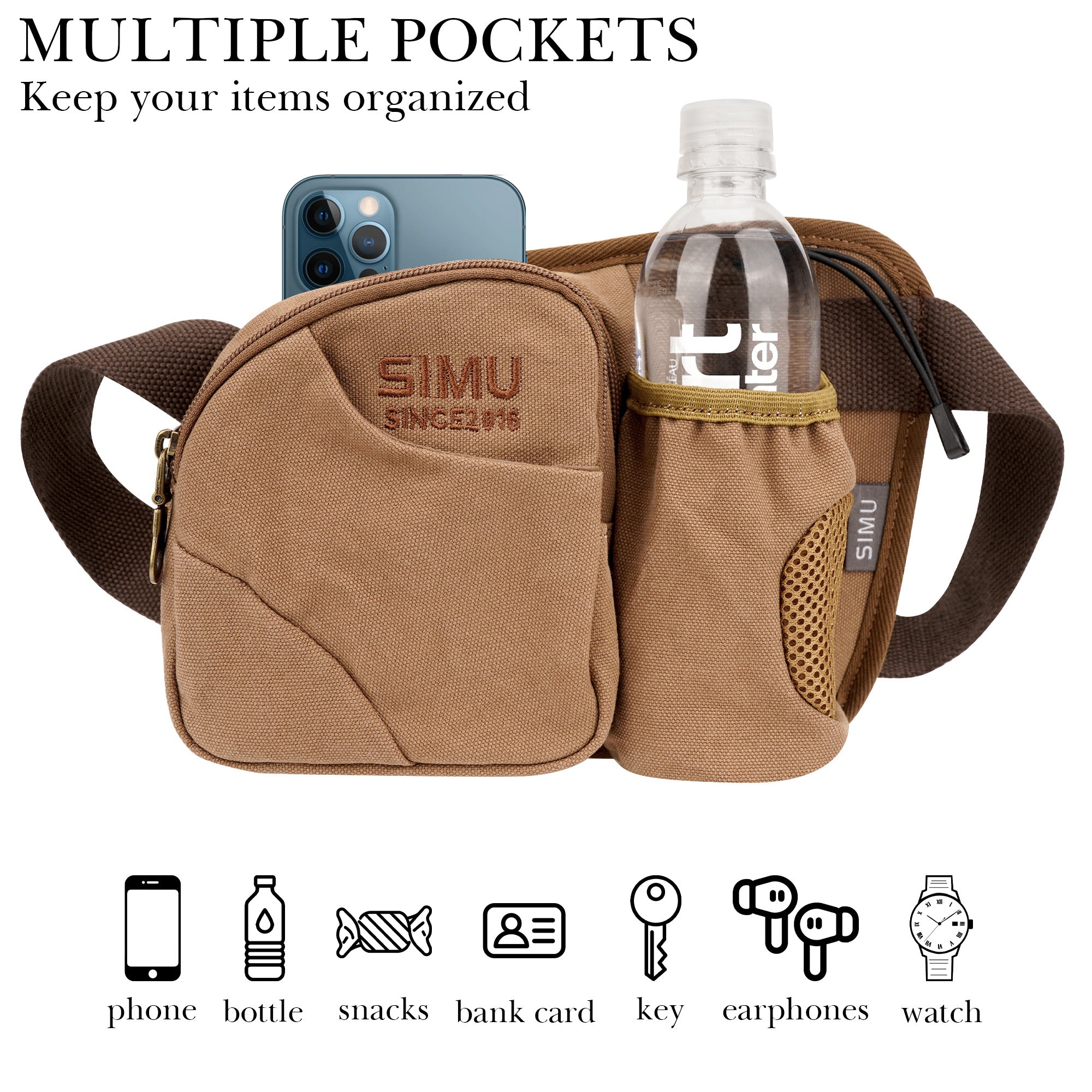 Fanny Pack Waist Bag with Bottled Water Holder, Waist Pack Compatible with Smartwater 16.9/20 Fl Oz, Lifewtr 16.9/20 Fl Oz, Travel Sport Casual Belt Bag for Running Walking Hiking