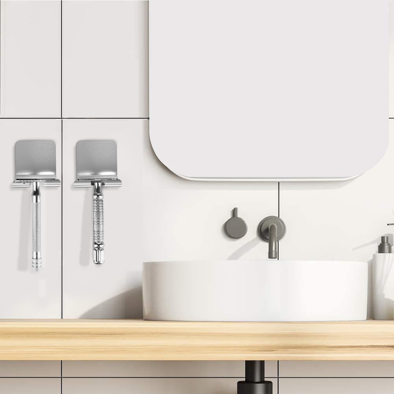 Linkidea 2 Pack Wall Mount Safety Razor Holder for Shower, Self Adhesive Shaver Hook Hanger Stand, Bathroom Wall Mounted Razor Holder Compatible with Vikings, Merkur Double Edge Safety Razor