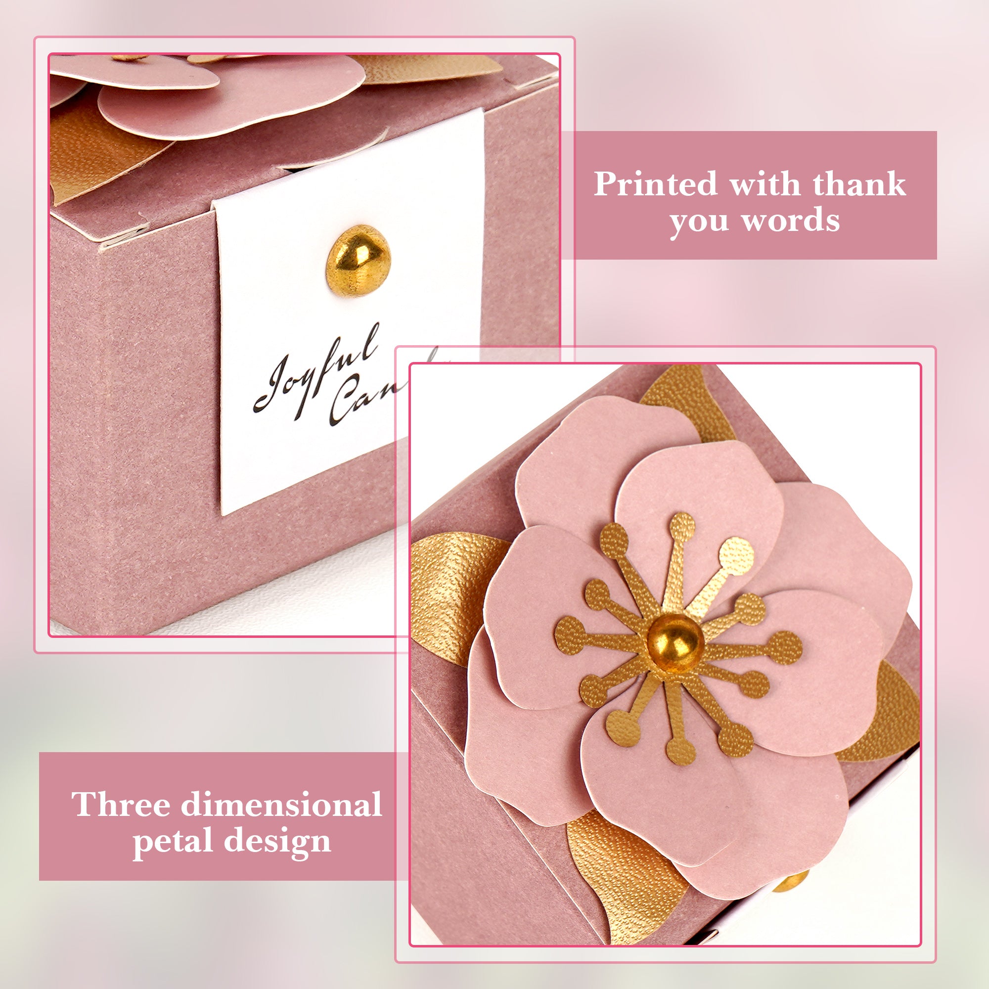 Linkidea 20 Pcs Pink Floral Folding Candy Gift Boxes 2.55" x 2.55" x 1.77" for Wedding Favors, Elegant Party Thank You Boxes with Tags