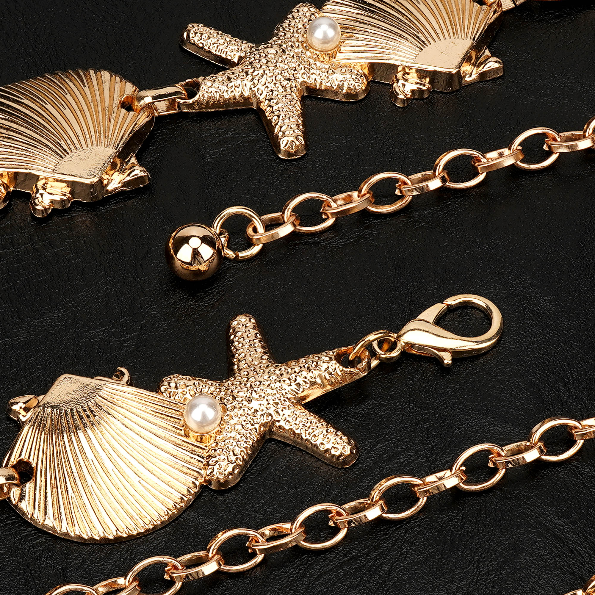 Chain Belt for Women, Metal Gold Shell Starfish with Faux Small Pearls Waist Belt, Max 47 Inch Adjustable Chunky Body Chain for Dresses, Party, Casual Wear, Fashion Jewelry Accessory