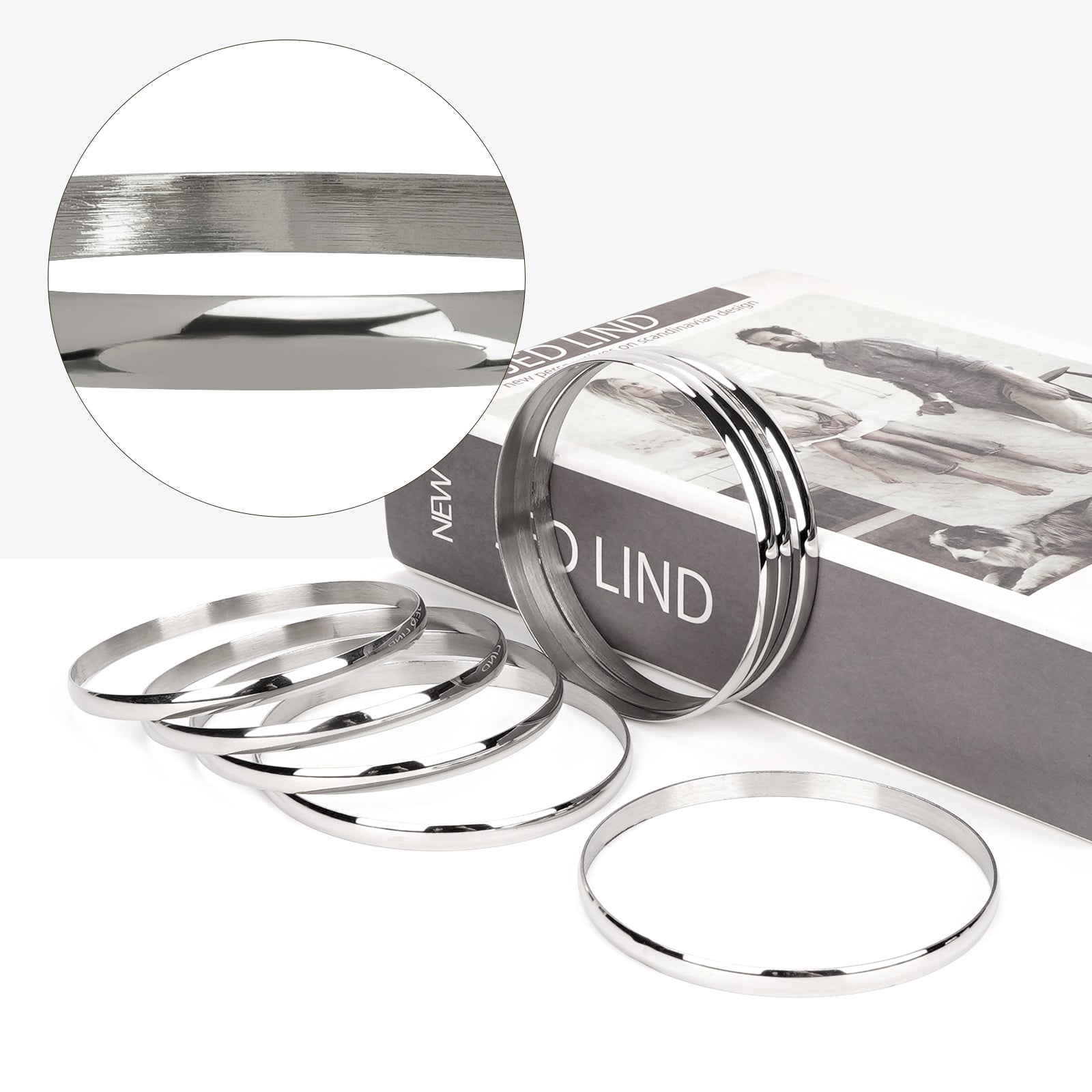 80 mm (3.15") XXL Bangle Set for Women, 6 mm Wide Silver-Tone Stainless Steel Stackable Bracelets - Fits Palm Width 110-118 mm