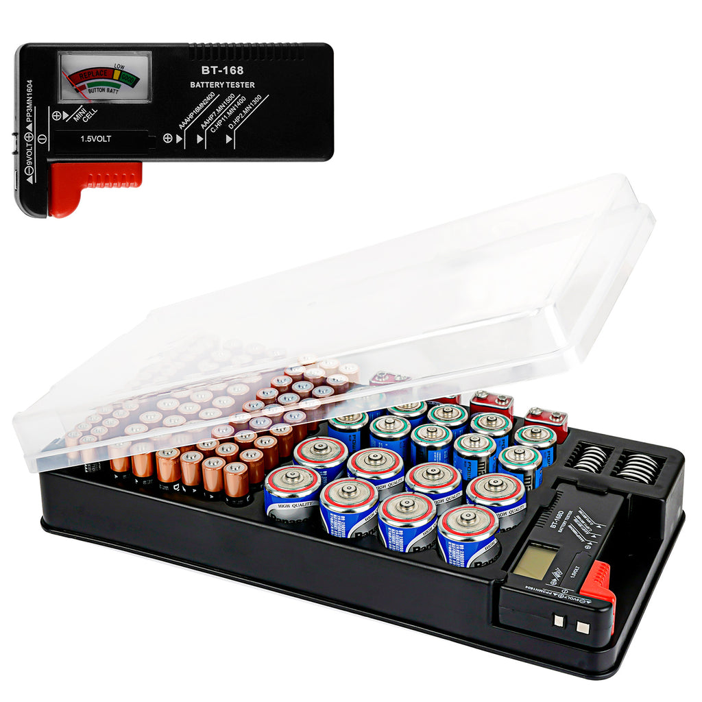 Linkidea Battery Organizer Storage Case with Tester, Holds 93 Batteries of Multiple Sizes, Compatible with AAA, AA, 9V, C, D, and Button Cell Batteries, Portable Battery Holder (Black)
