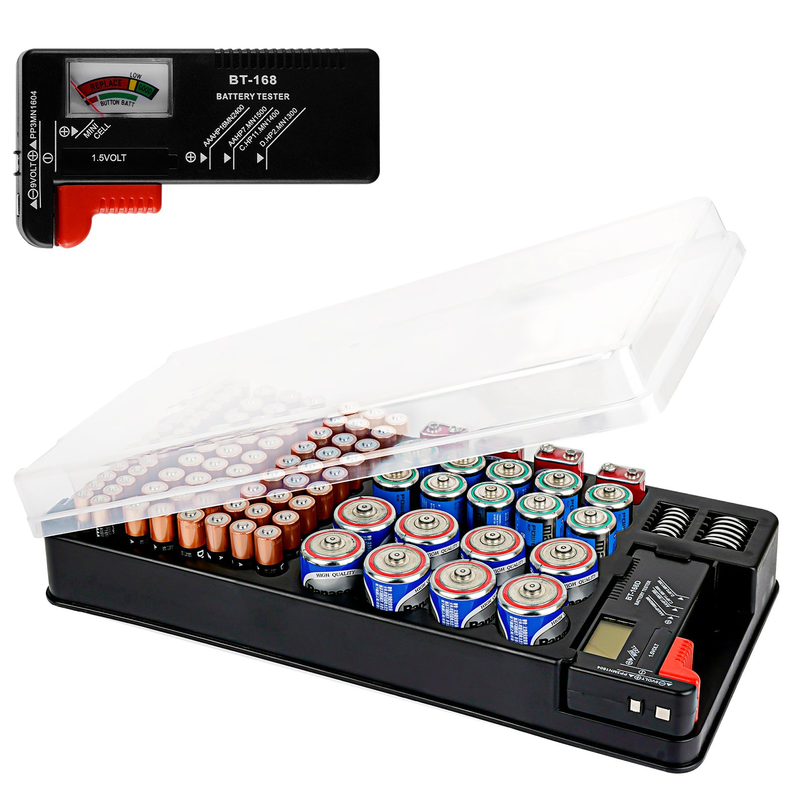 Linkidea Battery Organizer Storage Case with Tester, Holds 93 Batteries of Multiple Sizes, Compatible with AAA, AA, 9V, C, D, and Button Cell Batteries, Portable Battery Holder (Black)
