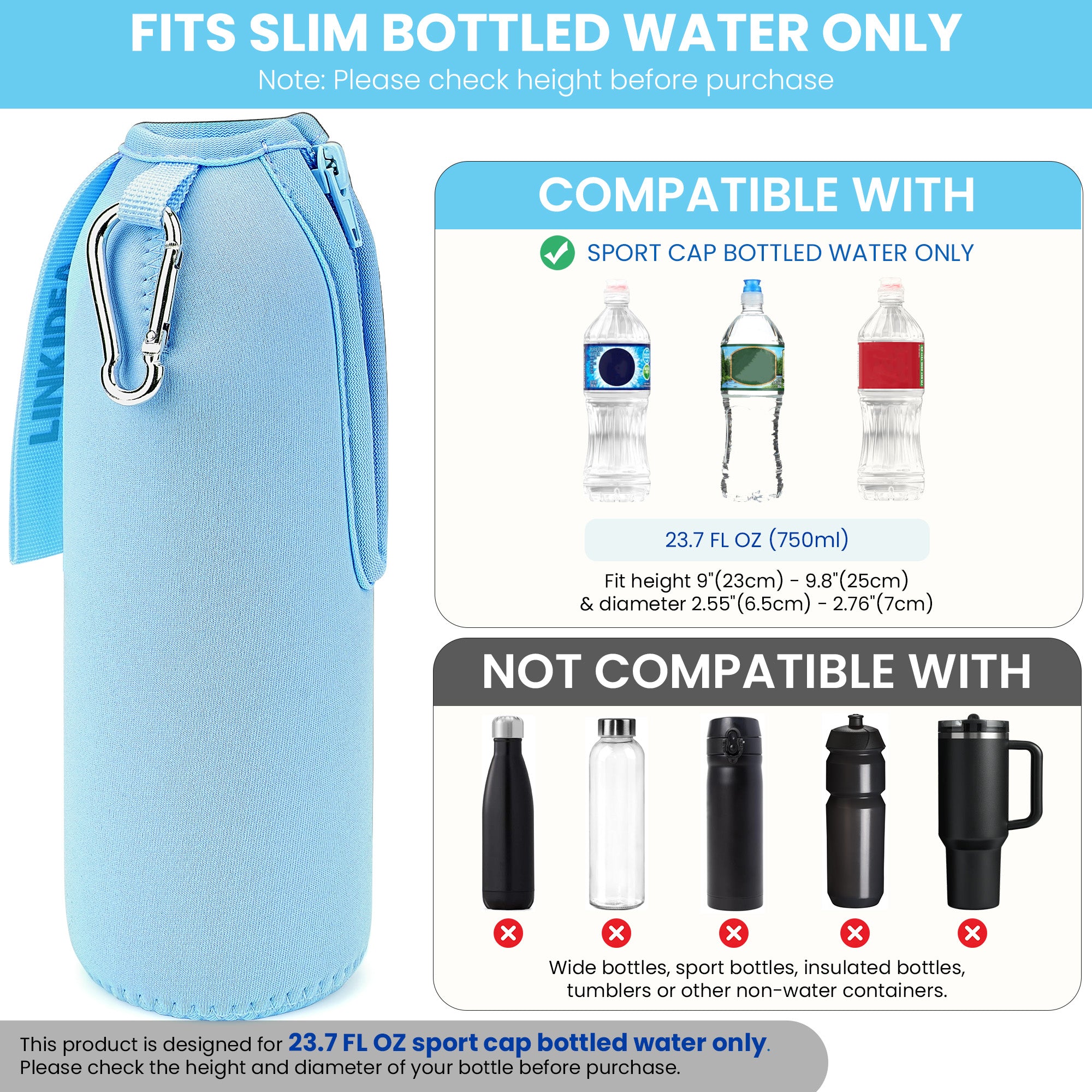 Linkidea 2 Pack Disposable Water Bottle Sleeve Compatible with Arrowhead 23.7 Fl Oz, Sport Cap Bottled Water Cover with Lockable Zipper, Light Blue