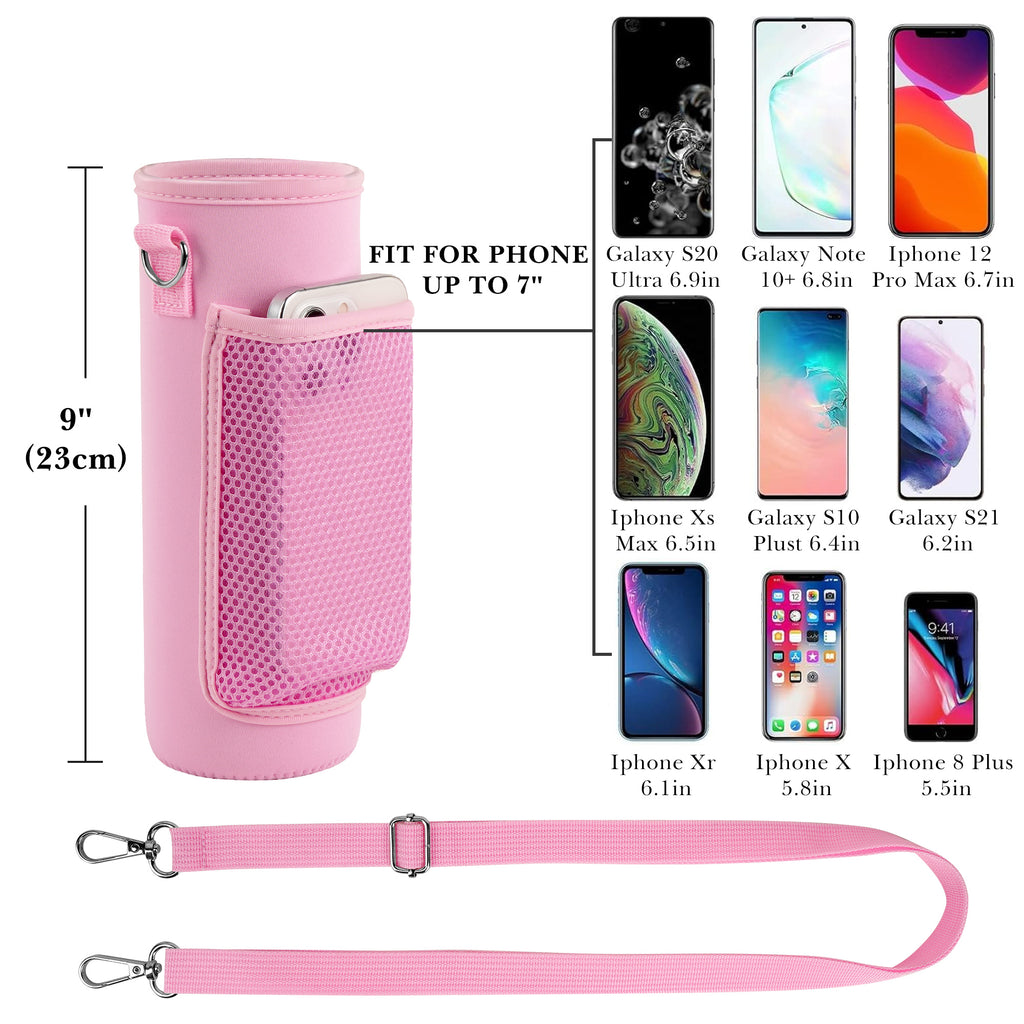 Linkidea Water Bottle Carrier with Shoulder Strap Compatible with Owala FreeSip Bottle 24oz, Waterbottle Sling Bag Holder with Mesh Phone Pocket, Pink