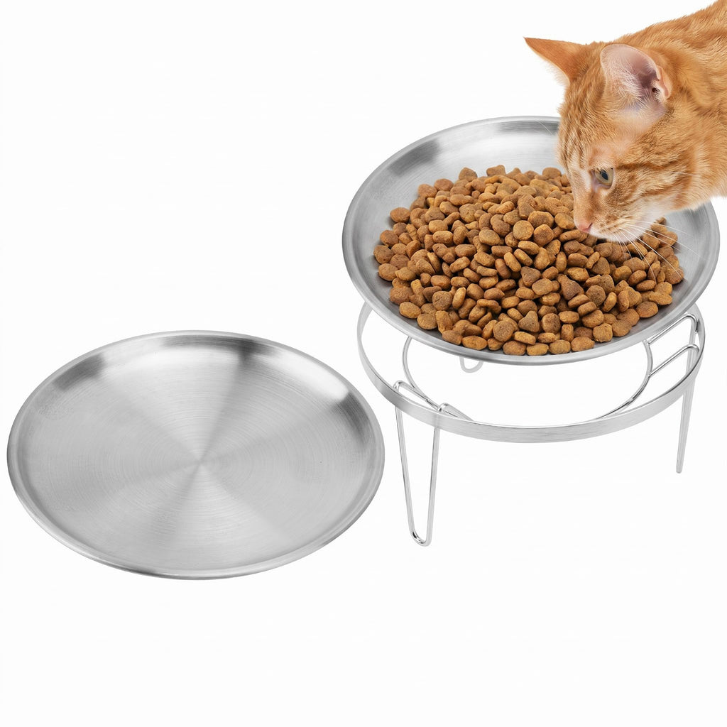 Linkidea Elevated Cat Bowls, 6.7" Extra Wide Raised Cat Food Bowl, Stainless Steel Cat Food Bowls Whisker Fatigue Shallow Dishes, Persian Cat Bowl with 3-Leg Stand - Dishwasher Safe