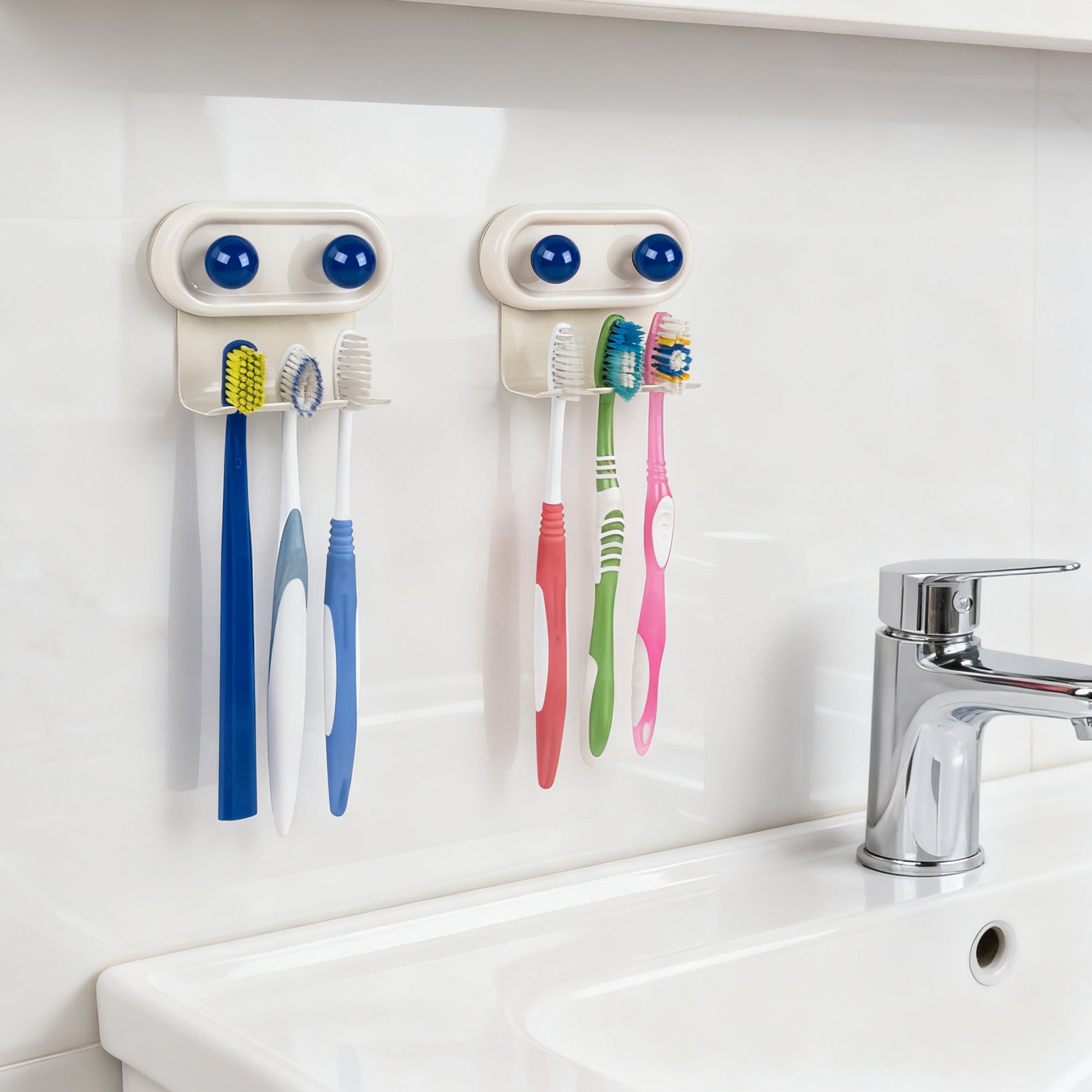 Linkidea 2 Pack Wall Mount Toothbrush Holder for Bathroom, 3 Slots Self Adhesive Iron Brush Hanger Compatible with Oral-B CrossAction, Colgate ExtraClean(Multi)