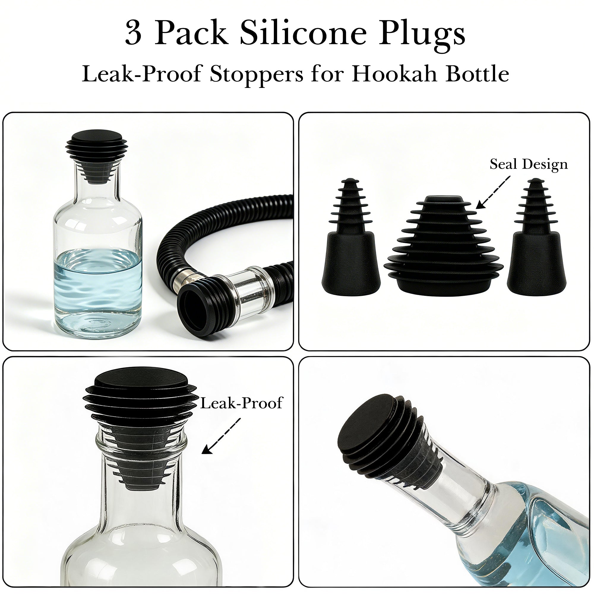 Linkidea 3 Pack Silicone Cleaning Plugs, Reusable Leak-Proof Seal Stoppers for Hookah Bottle & Tube Washing, Compatible with RooRtechs / Wookah (Black)