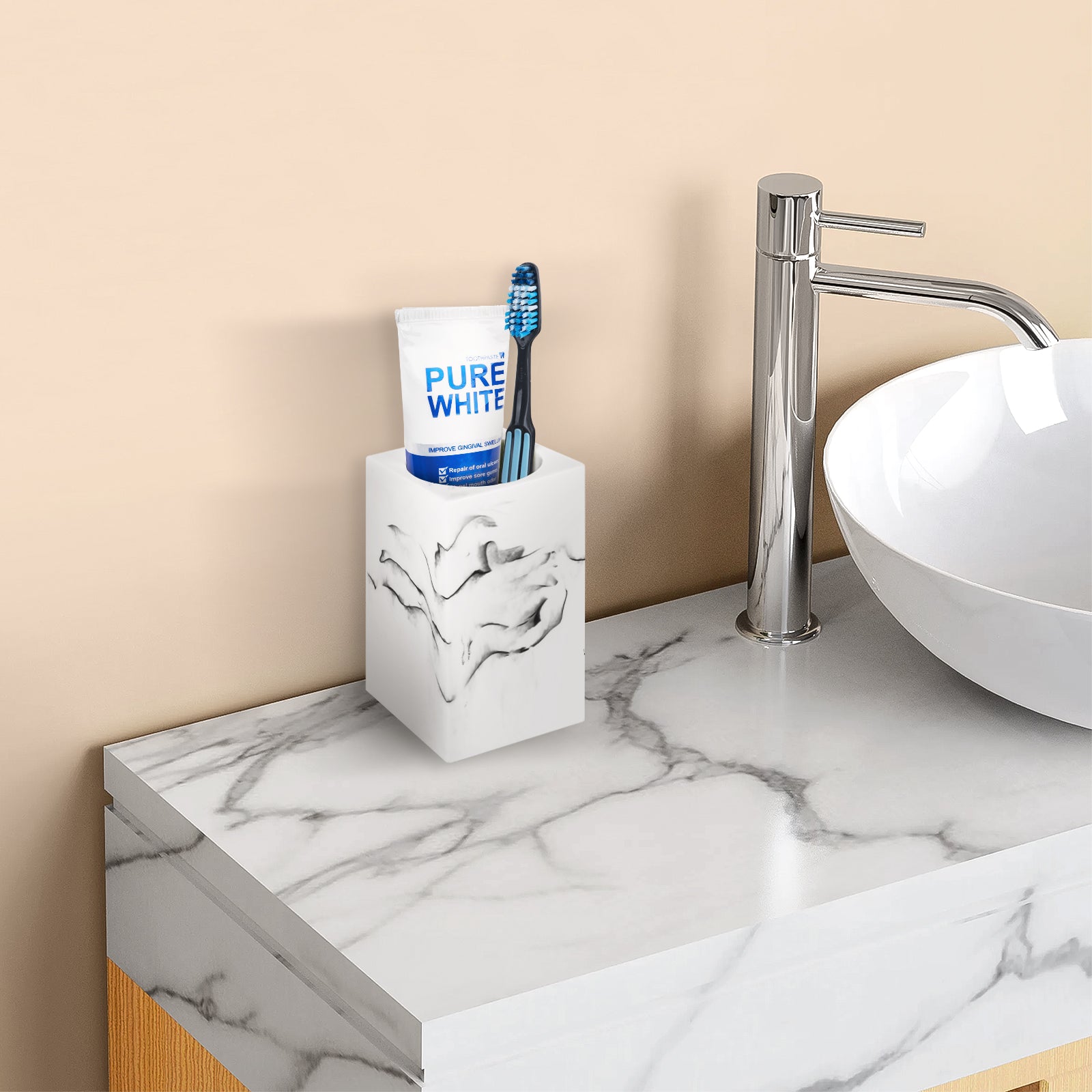 Linkidea Countertop Manual Toothbrush Holder for Bathroom, Resin Stand for Toothpaste, Vanity Organizer Compatible with Colgate ExtraClean, Oral-B CrossAction(White)