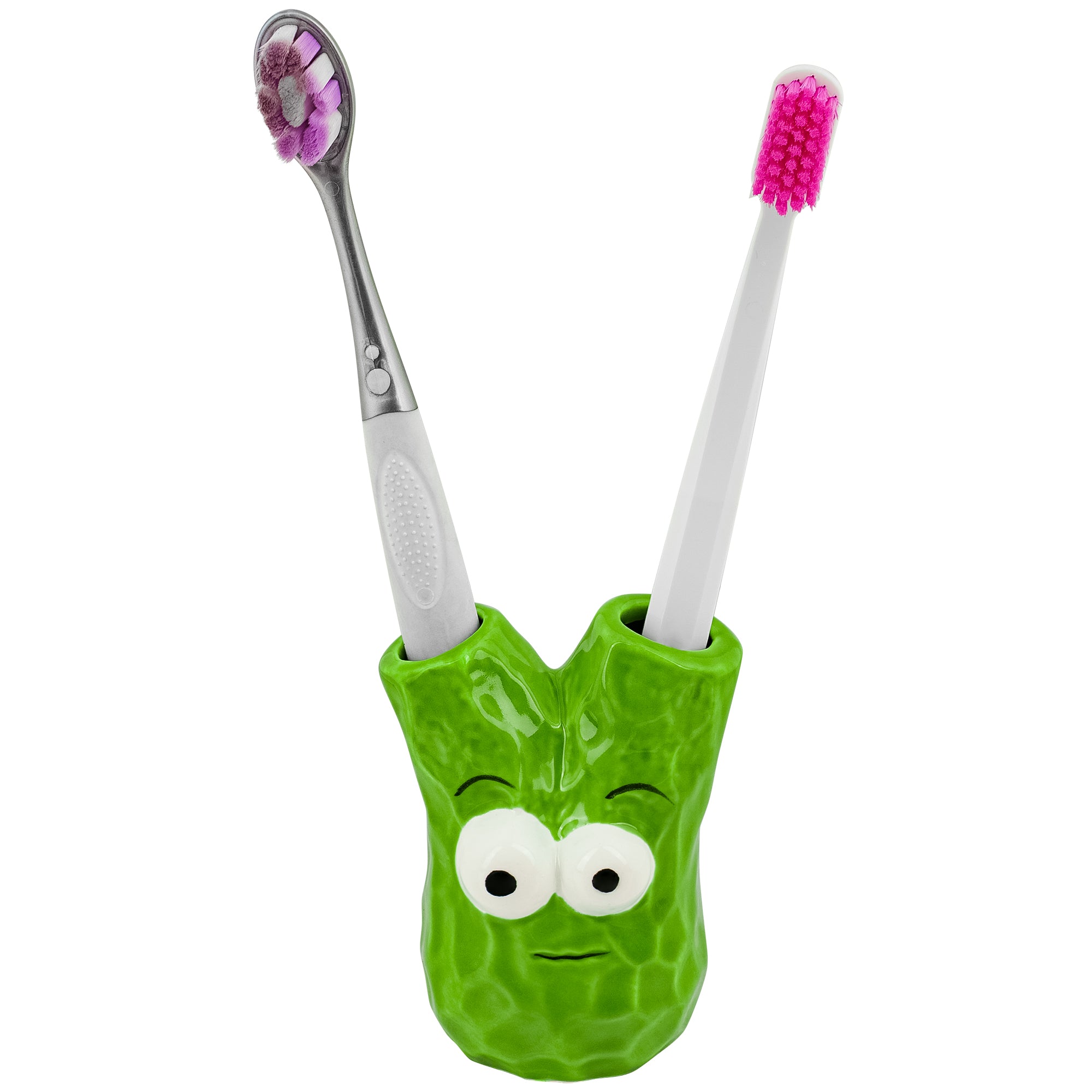Linkidea Countertop Toothbrush Holder for Bathroom, Ceramic Cute Decor Stand for Manual Toothbrush, Vanity 2 Slots Organizer Compatible with Oral-B CrossAction, Colgate Slimsoft (Green)