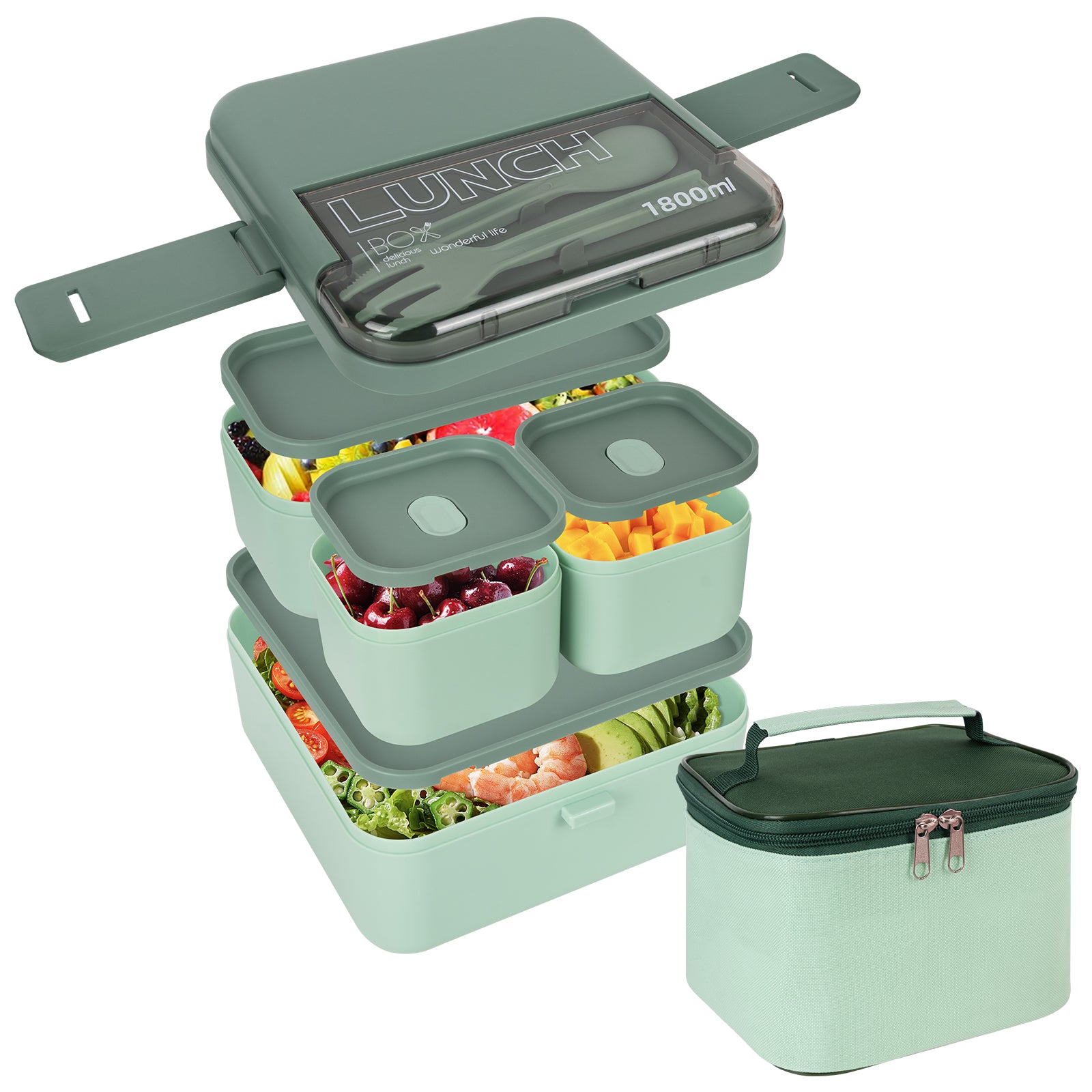 Linkidea Bento Box with Lunch Bag, Reusable Food Container with Double Layer Multi Compartment and Flatware, Food Box with Leak-Proof Cover Fit to Microwave/Dishwasher/Freezer Safe (1800ML, Green)