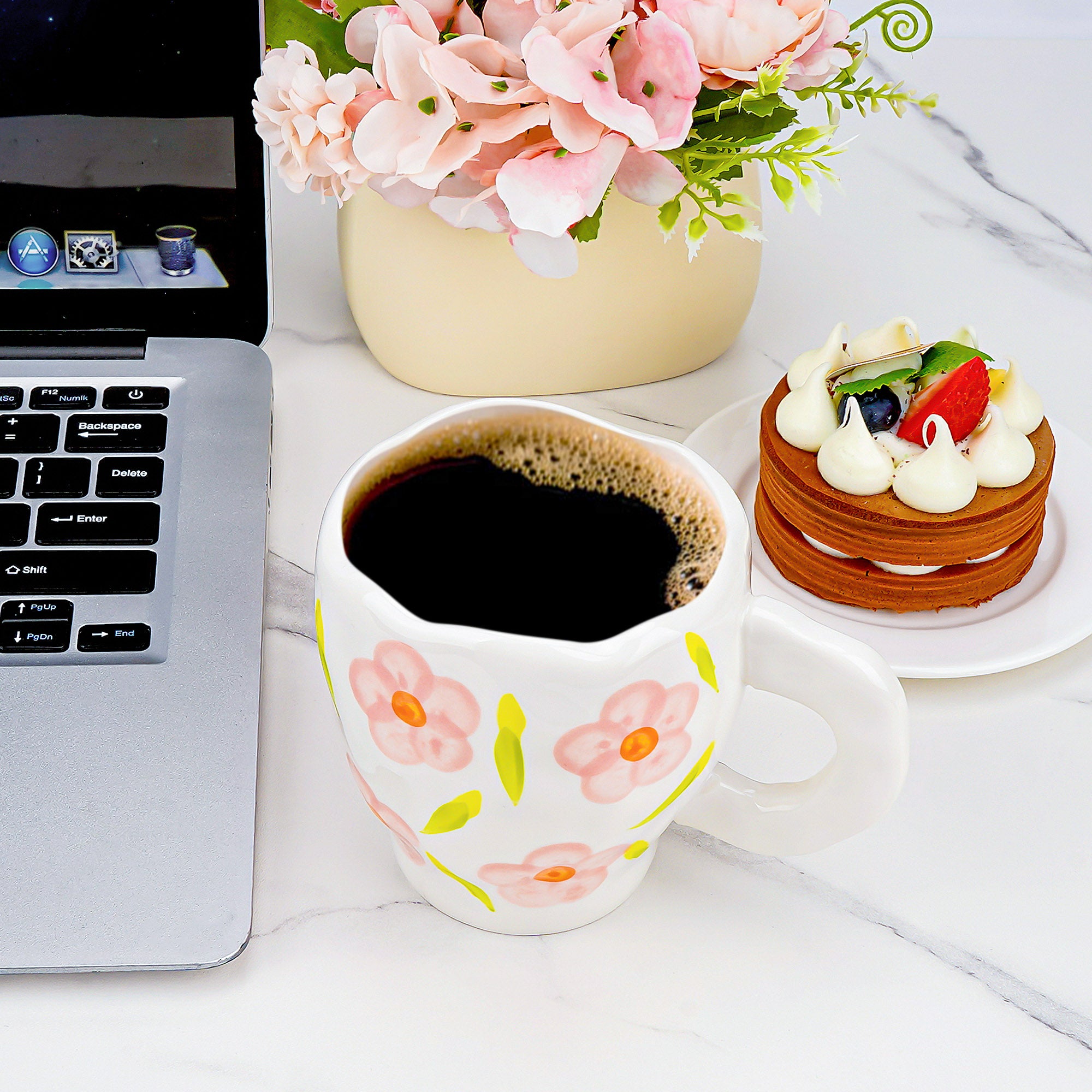 Linkidea Ceramic Coffee Mug, 12oz/350ml Hand-Painted Irregular Coffee Cup, Novelty Teacups with Handles for Beer, Latte, Hot Cocoa, Microwave and Dishwasher Safe (Pink Flower)