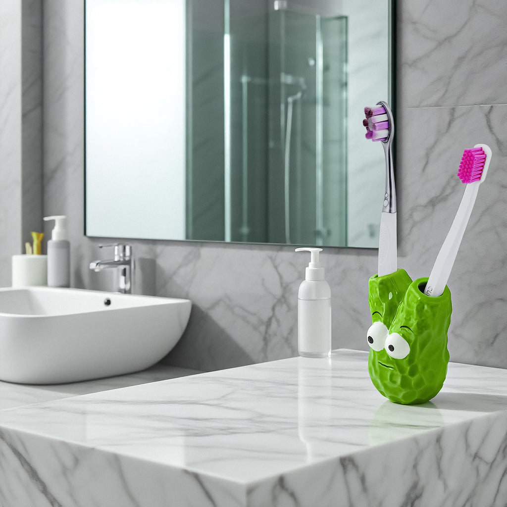 Linkidea Countertop Toothbrush Holder for Bathroom, Ceramic Cute Decor Stand for Manual Toothbrush, Vanity 2 Slots Organizer Compatible with Oral-B CrossAction, Colgate Slimsoft (Green)