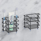 Linkidea 2 Packs Wall Mount Toothbrush Holder for Bathroom, Stainless Steel Tooth Brush Stand for Electric Toothbrush, Razor, Toothpaste, Self Adhesive Countertop 3 Slots Organizer (Black)
