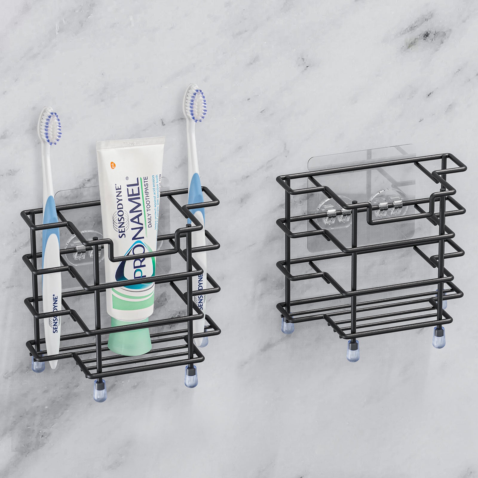 Linkidea 2 Packs Wall Mount Toothbrush Holder for Bathroom, Stainless Steel Tooth Brush Stand for Electric Toothbrush, Razor, Toothpaste, Self Adhesive Countertop 3 Slots Organizer (Black)
