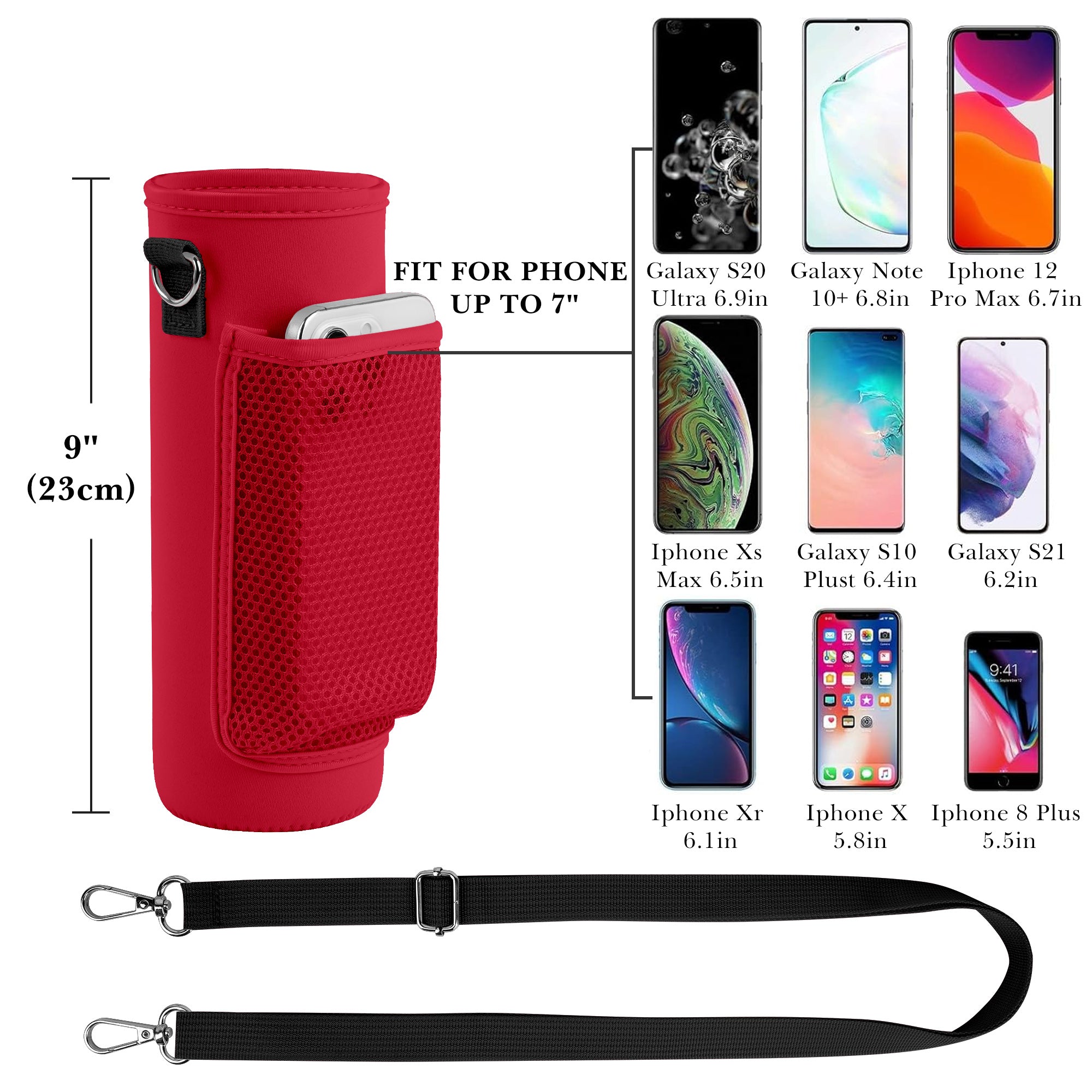 Linkidea Water Bottle Carrier with Shoulder Strap Compatible with YETI Rambler Bottle 26oz, Yonder 25oz, Waterbottle Sling Bag Holder with Mesh Phone Pocket, Red
