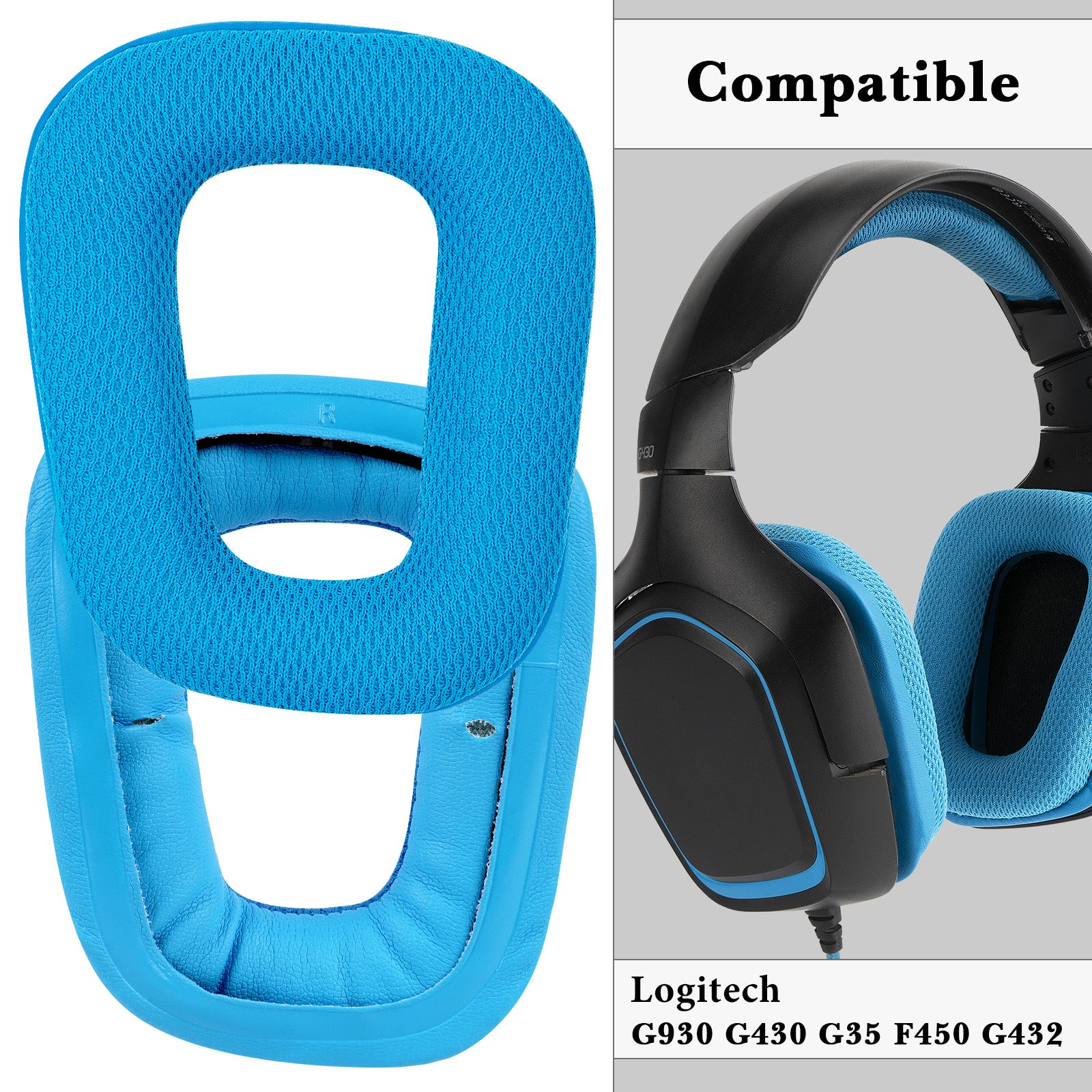 Replacement Ear Pads for Logitech G430, G930, G35, F450, G432, G332 Headphones, Ear Covers (Mesh Fabric/Blue)
