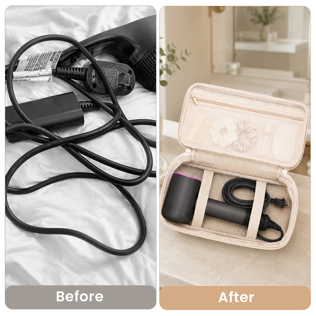 Linkidea Hair Dryer Storage Case, PVC Travel Organizer Bag with Handle, Portable Blow Dryer Holder for Heat Styling Tools, Flat Iron, Curling Wand, Cords and Hair Accessories (Beige)