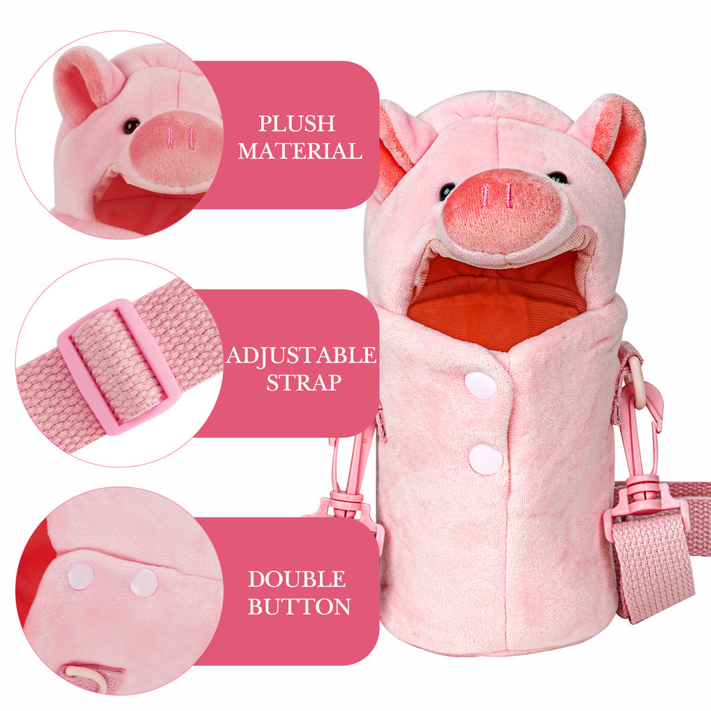 Linkidea Plush Water Bottle Carrier with Strap Compatible with Thermos FUNTAINER Steel/Tritan 12oz/16oz, Warm Pig Waterbottle Sling Bag Holder with Shoulder Strap