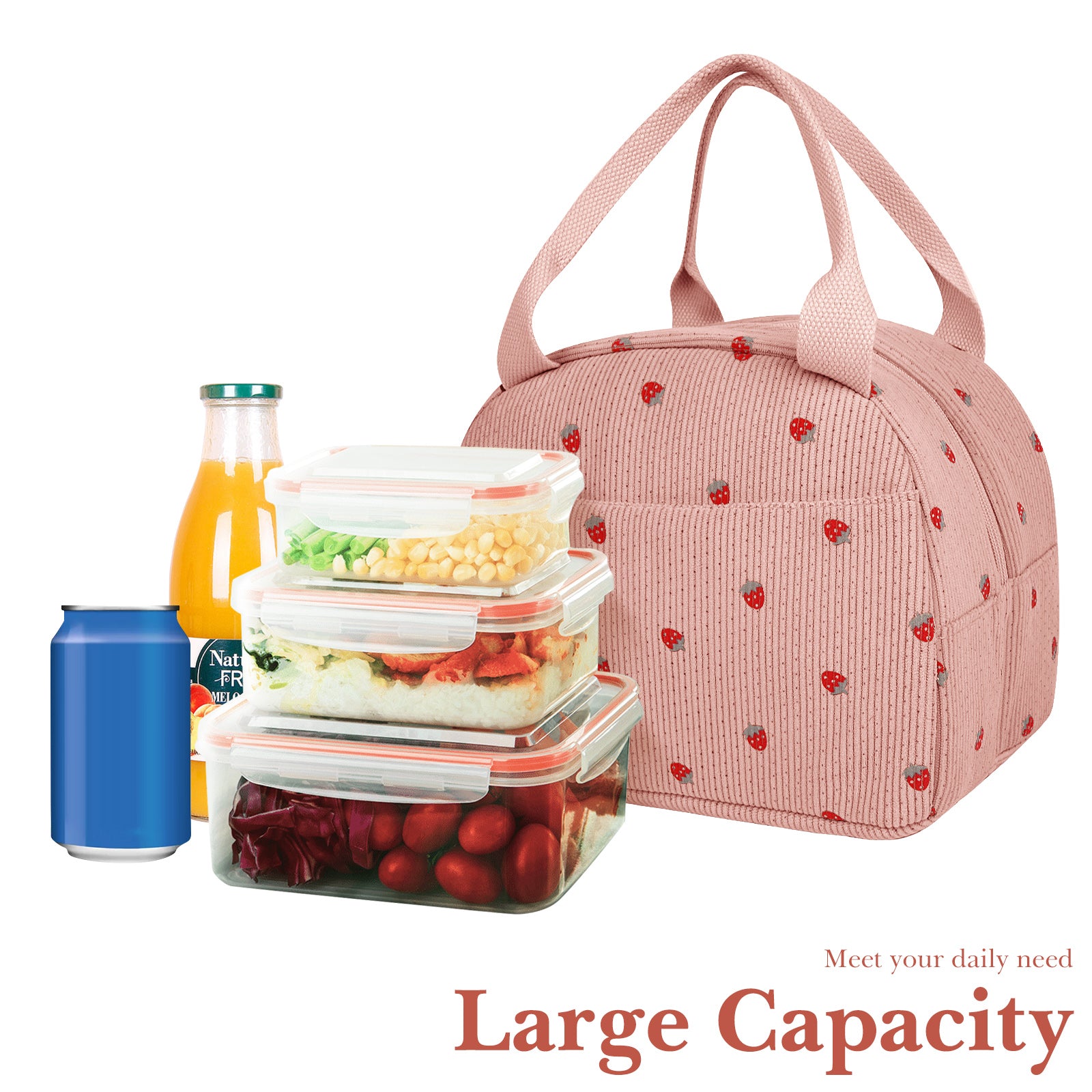 Linkidea Lunch Box for Adult, Corduroy Lunch Bag with Hand Strap, Large Capacity Lunch Bag for Everyday Outings, Compatible with Crock Pot, DUPASU, Aotto, LUNCHEAZE (Pink)